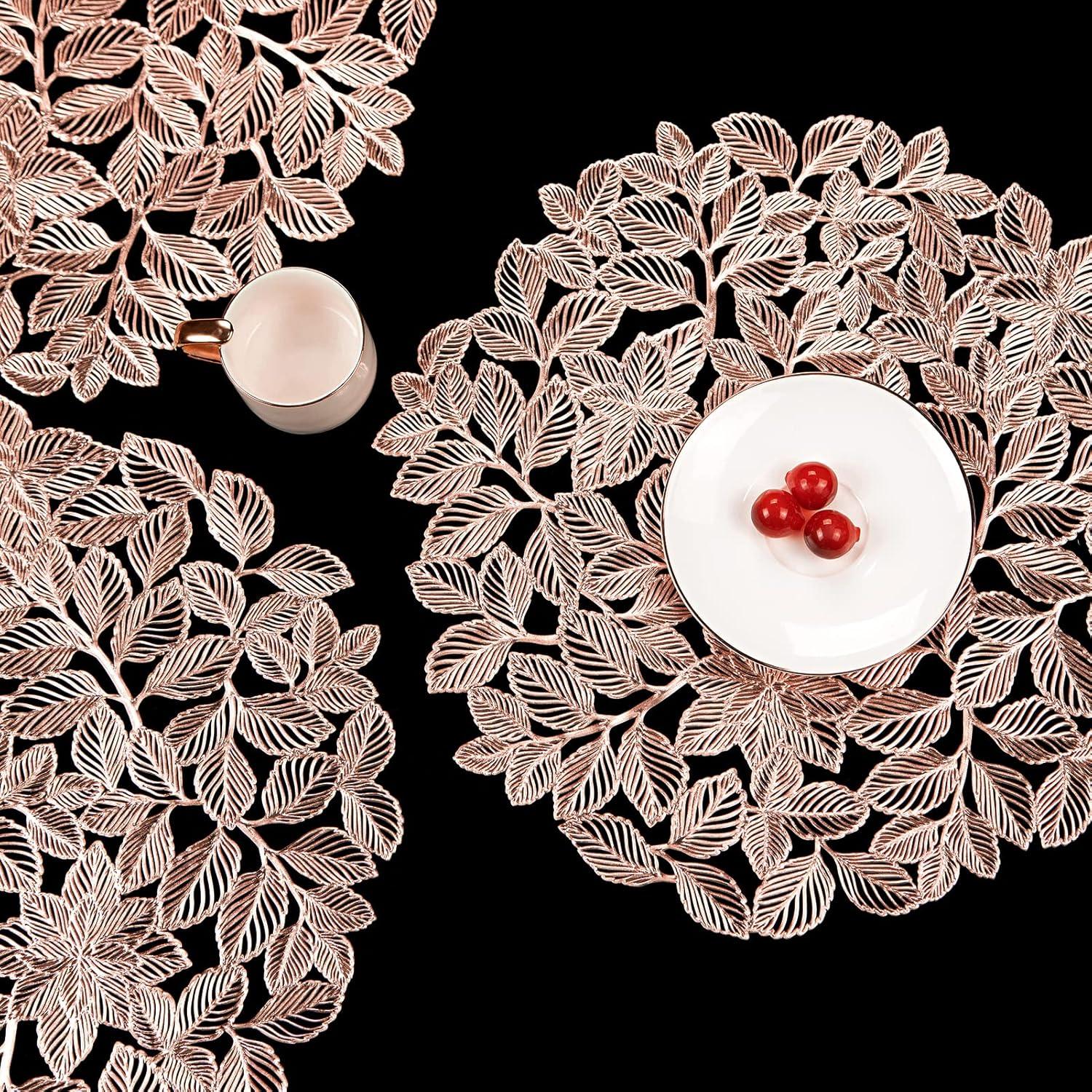 Rose Gold Placemats Set of 6 Metallic Leaf Round Placemats Non-Slip Wipeable Table Mats for Dinner,Party,Home Decoration Wedding Accent Centerpiece