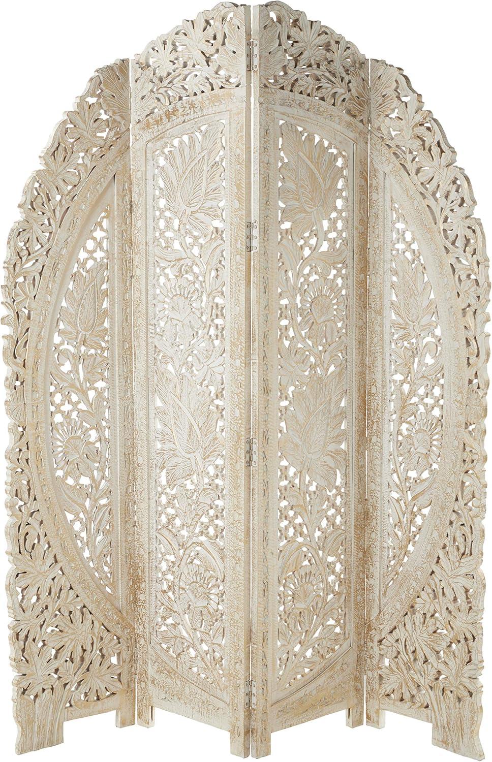 DecMode 60" x 72" White Wood Floral Handmade Foldable Arched Partition 4 Panel Room Divider Screen with Intricately Carved Designs, 1-Piece