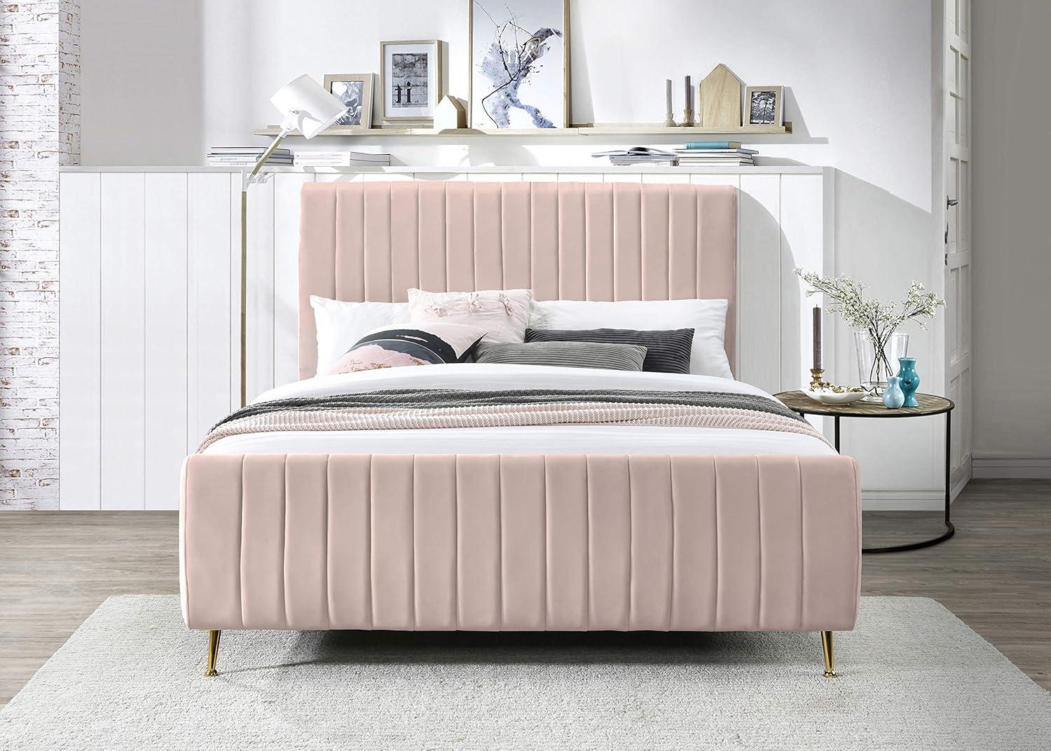 Pink Velvet Queen Bed with Tufted Upholstered Headboard