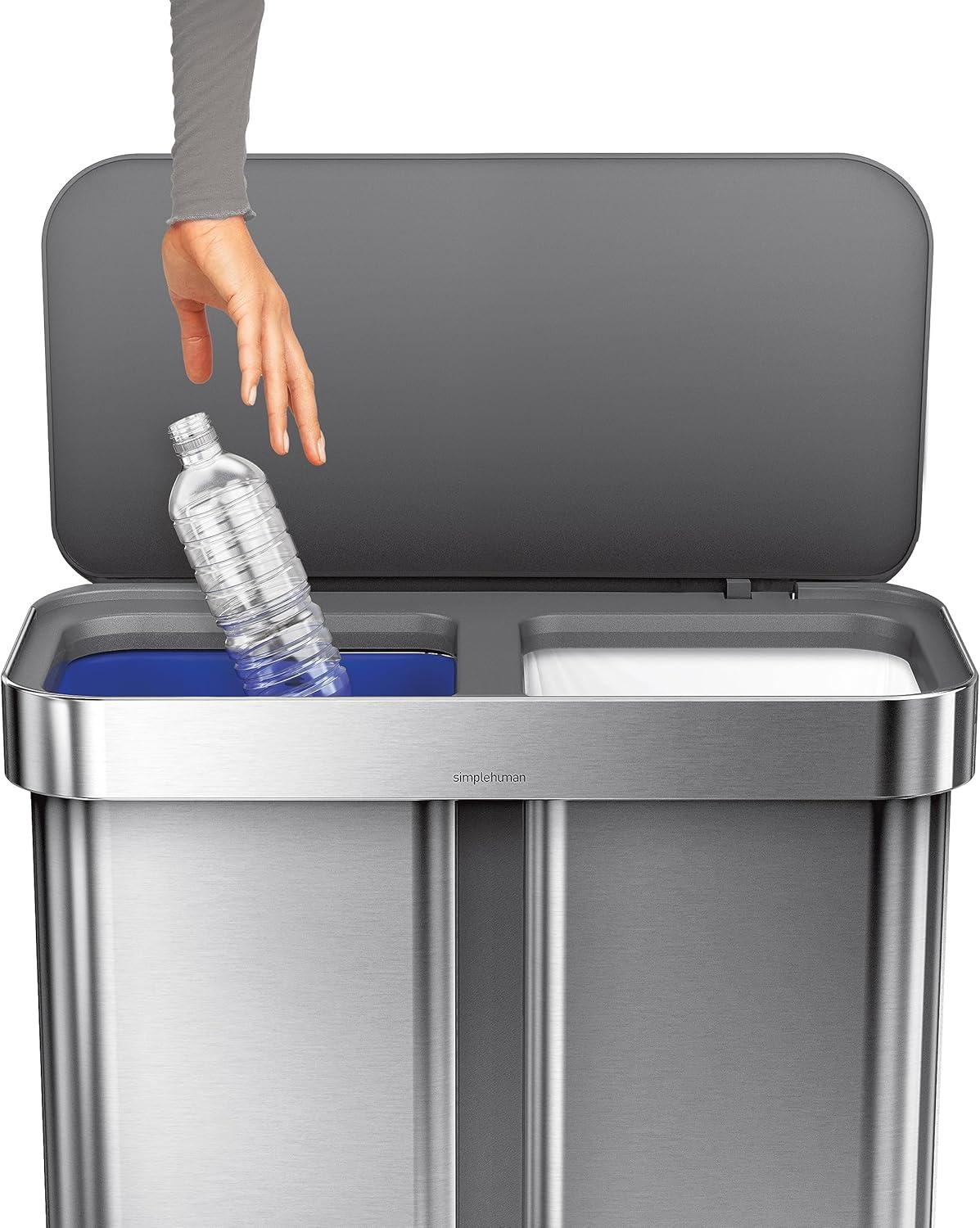 Simplehuman 58L / 15.3 Gallon Hands-Free Dual Compartment Recycling Kitchen Step Trash Can with Lid