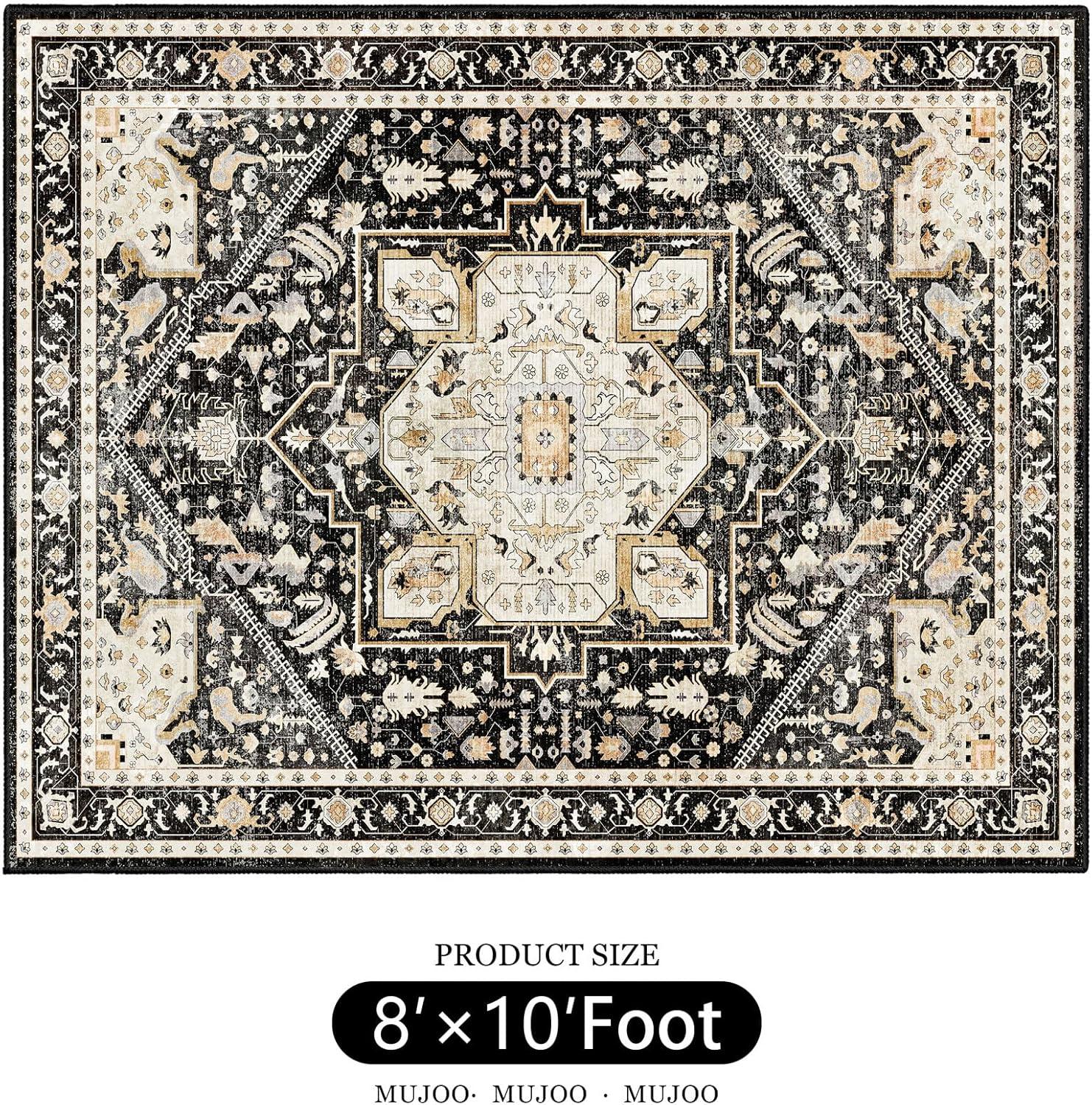 WhizMax 8'x10' Area Rug Vintage Washable Area Rugs Non-Slip Boho Floral Print Rug Persian Distressed Soft Low-Pile Carpet for Dining Room Playroom, Black