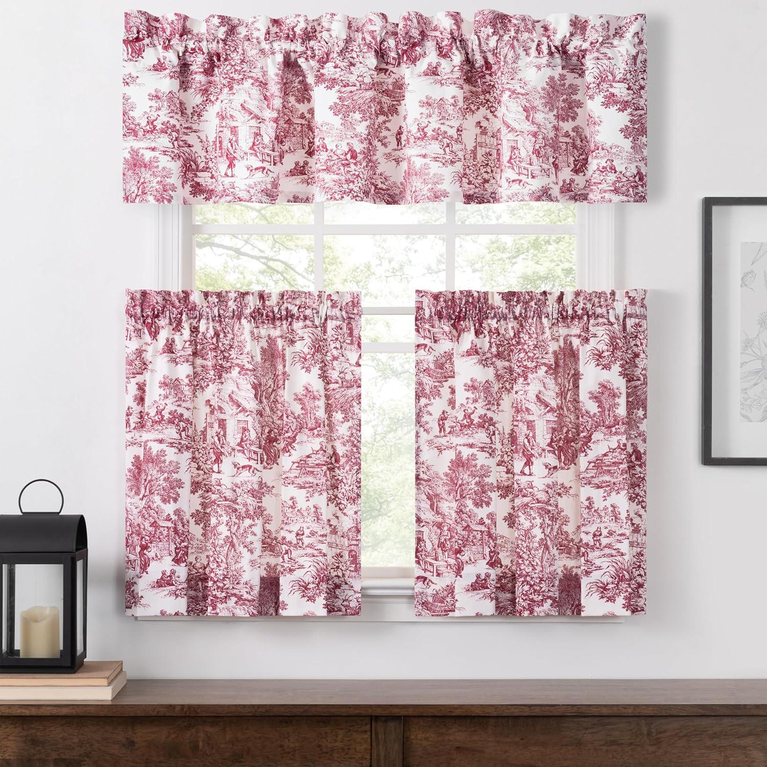 Ellis Curtain Victoria Park Toile Water Proof Room Darkening Blackout Tailored Window Valance - 70 x 12, Red