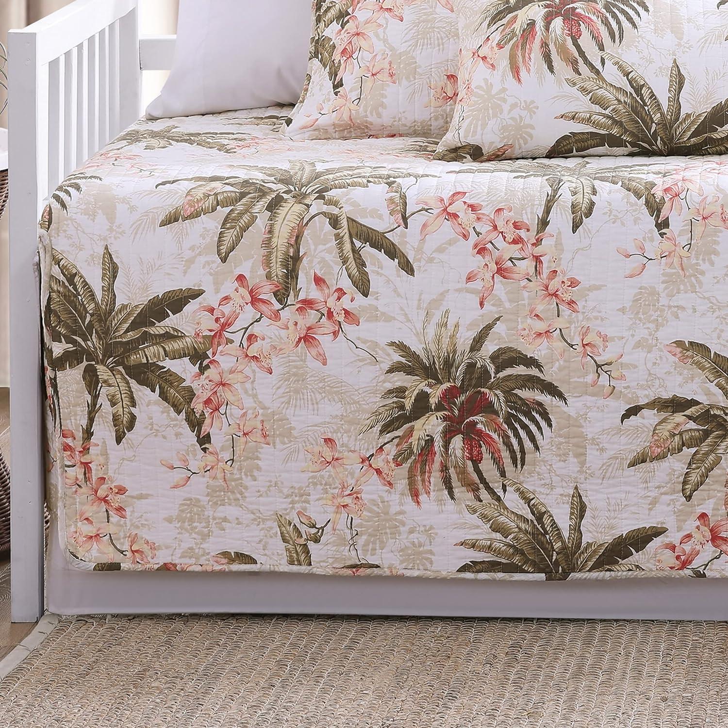 White Cotton Twin Quilt Set with Tropical Print