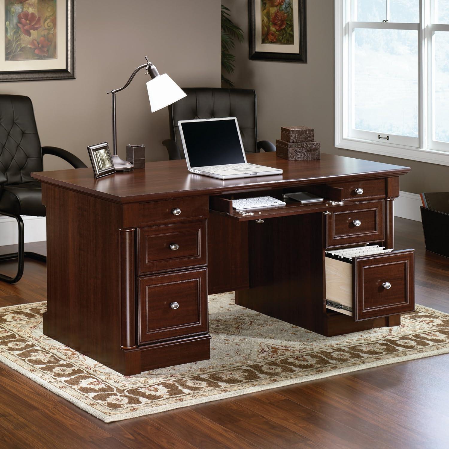 Black Wood Executive Desk with Drawer and Power Outlet