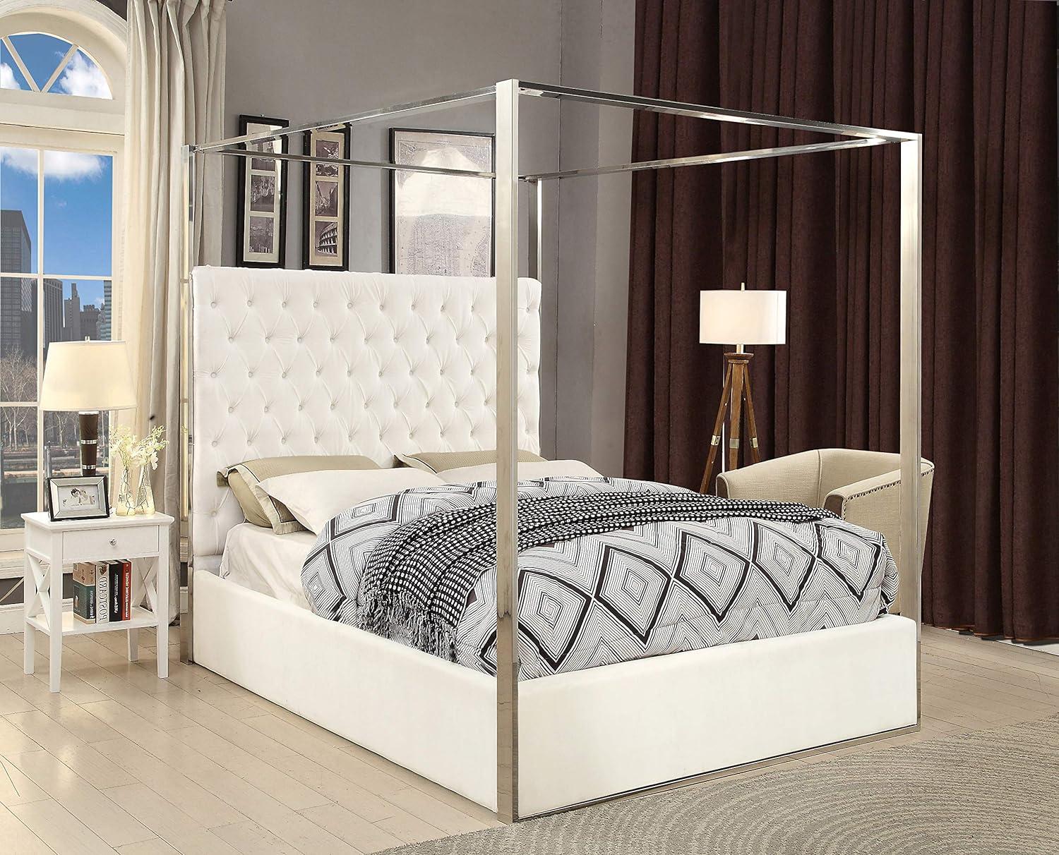 Regal White Velvet King-Sized Canopy Bed with Chrome Accents