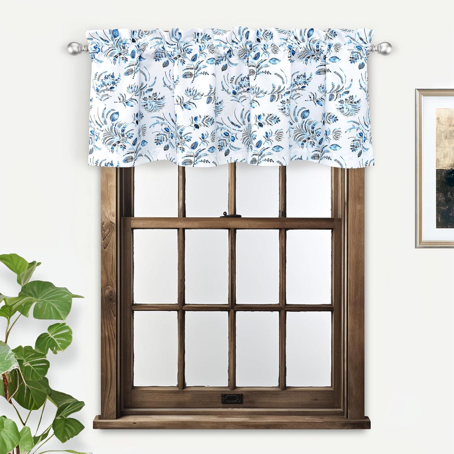 Navy Blue Floral Leaves Rod Pocket Valance, 52 x 18 Inch