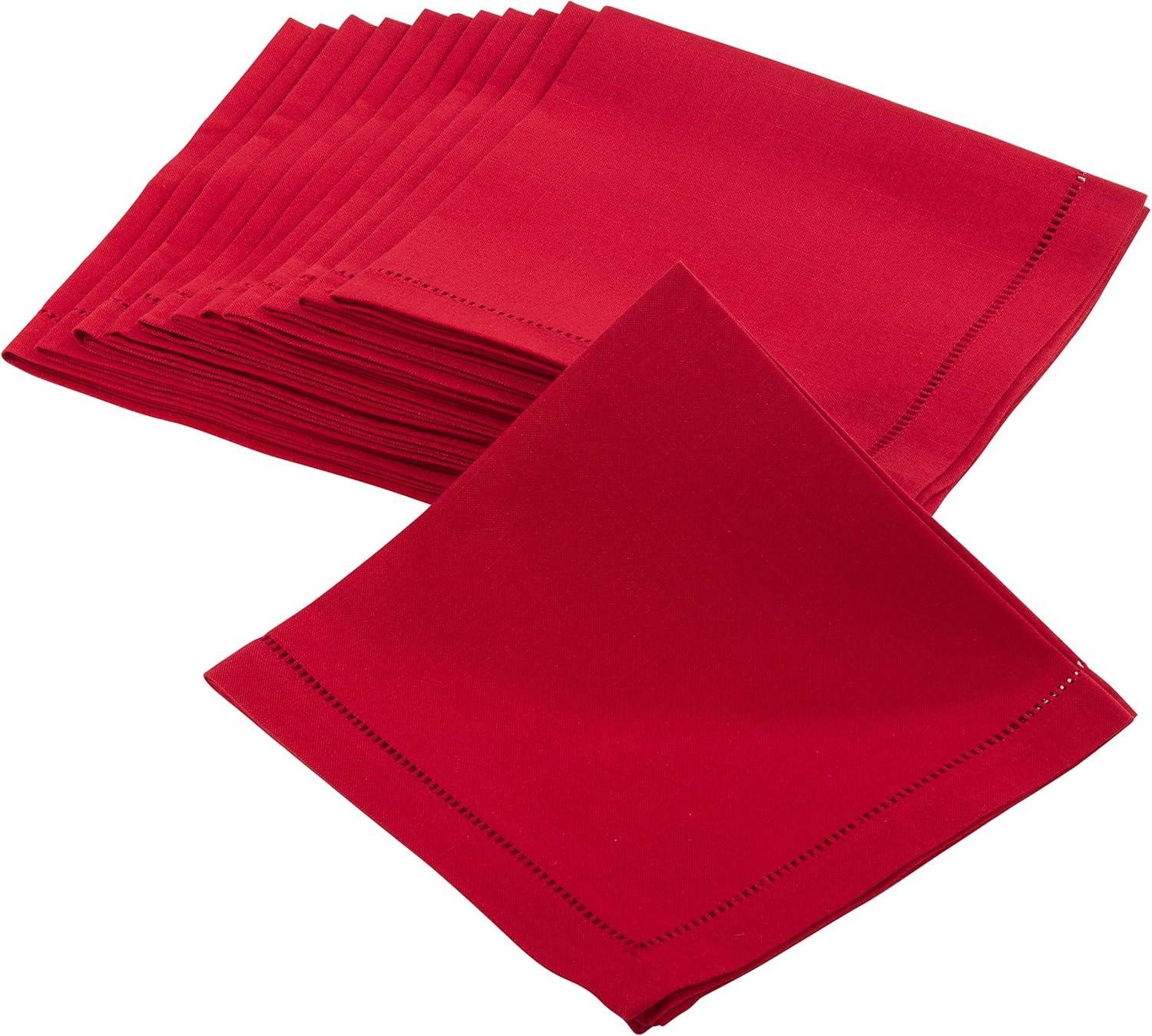 12pk 22"x22" Hemstitched Design Border Dinner Napkins Red - Saro Lifestyle: Polyester, Machine Washable, Plain Weave