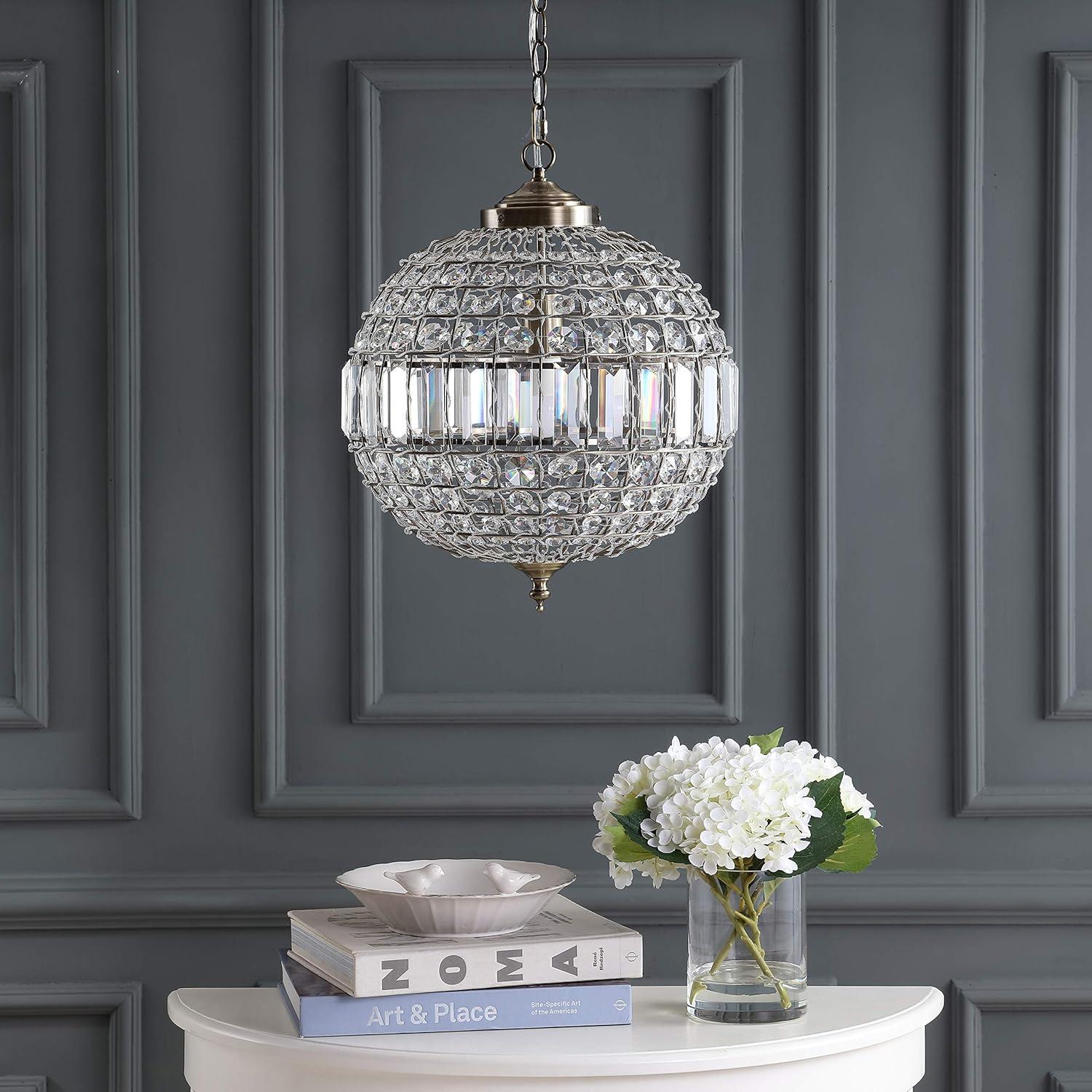 JONATHAN  Y Georgina 16" Crystal Contemporary Transitional 1 -Light Antique Brass Glam Globe Medium Hanging Pendant light