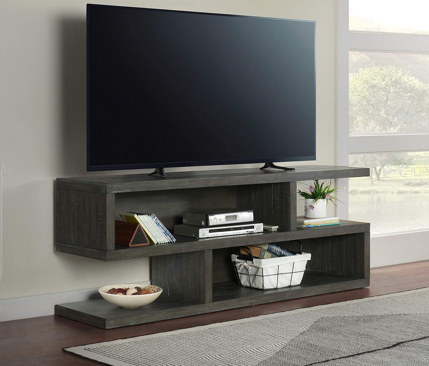 TV Stand with Cantilever Open Shelving and S Shape, Brown- Saltoro Sherpi