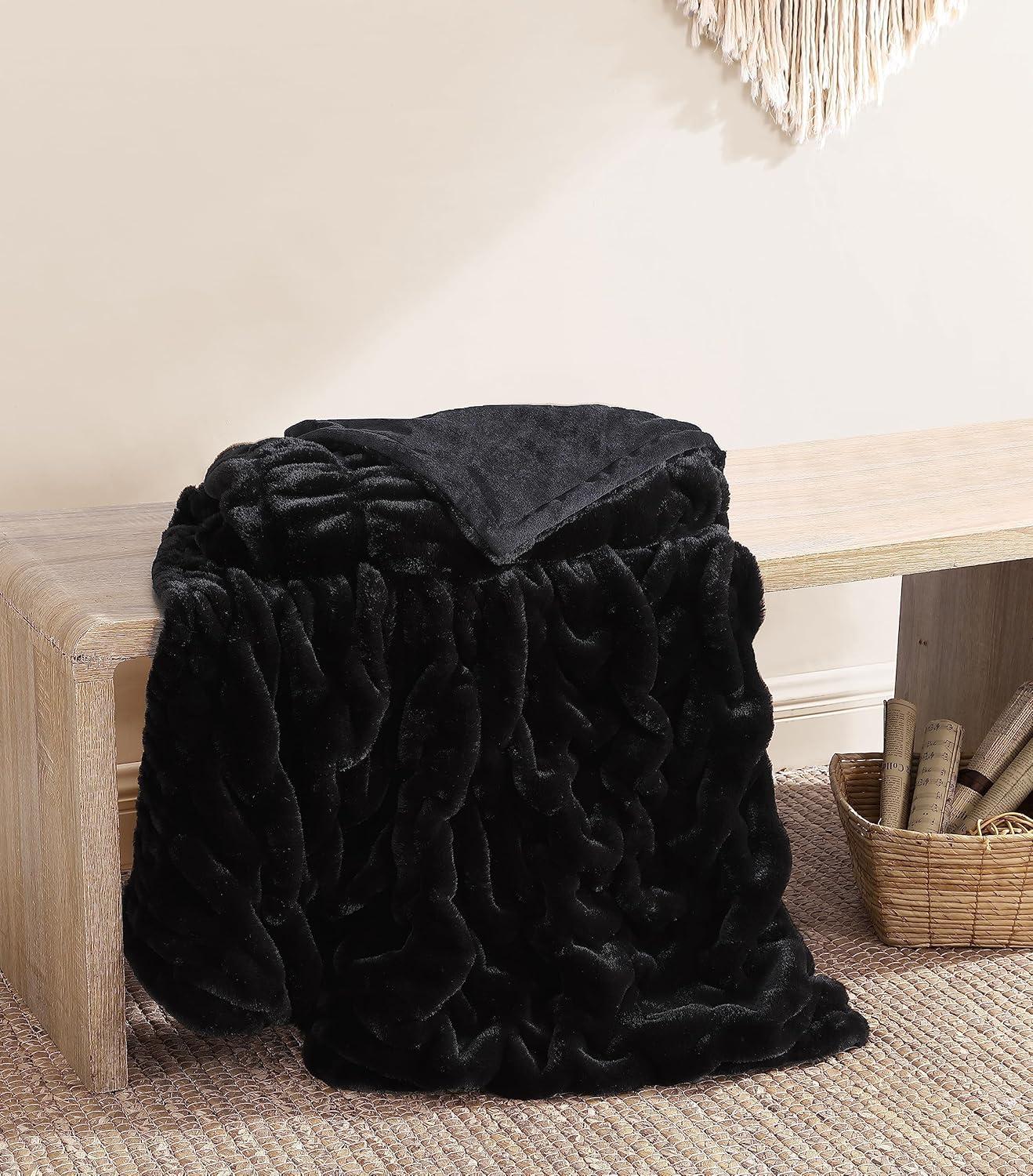 50"x70" Oversized Home Ruched Faux Rabbit Fur in Gift Box Throw Blanket - Badgley Mischka