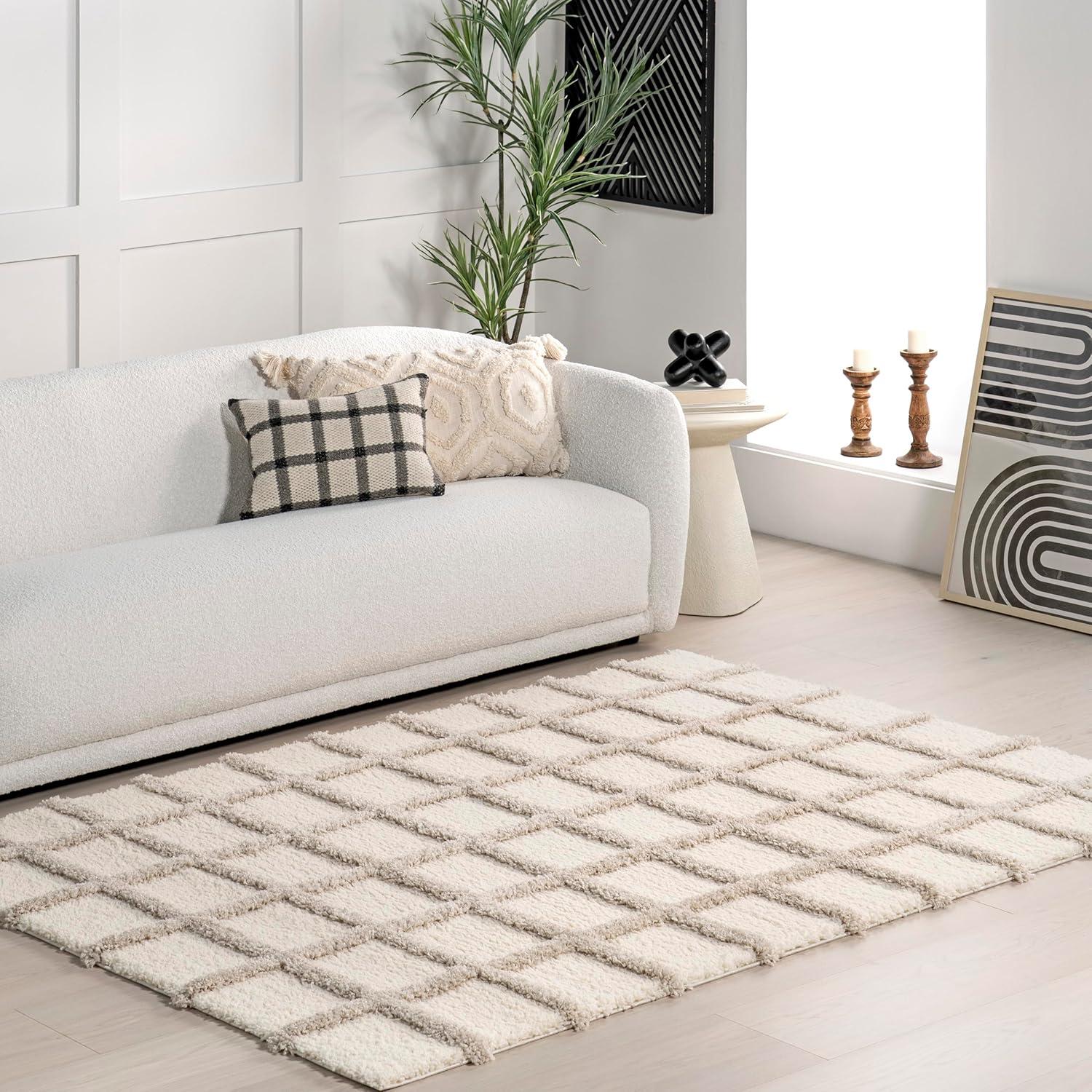 Beige and Gray Checkered Synthetic Shag Area Rug, 4' x 6'