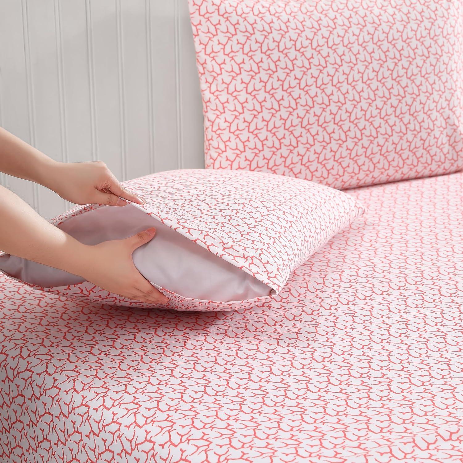 Coastal Print Microfiber Sheet Set, Full, Burnt Coral