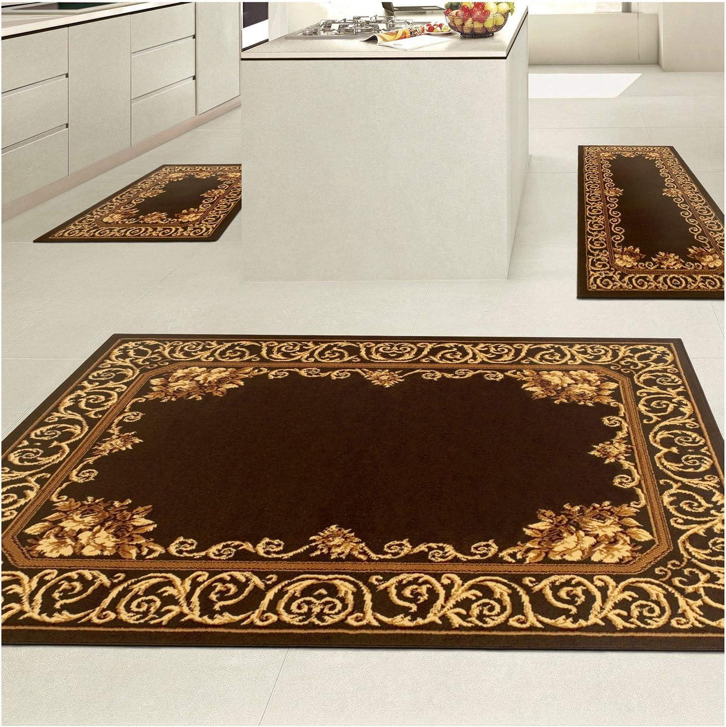 Freyberg Black and Gold Floral Scroll 3-Piece Area Rug Set