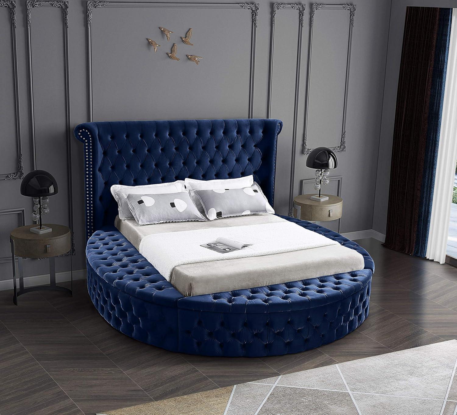 Luxus Navy Velvet Queen Bed with Tufted Upholstered Headboard