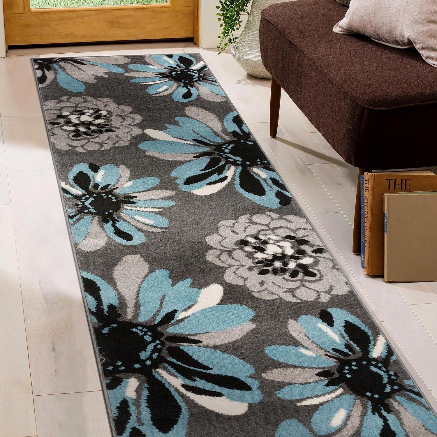 World Rug Gallery Contemporary Modern Flowers Area Rug - Blue 2'x10': Stain-Resistant Runner, Low Pile, Floral Pattern