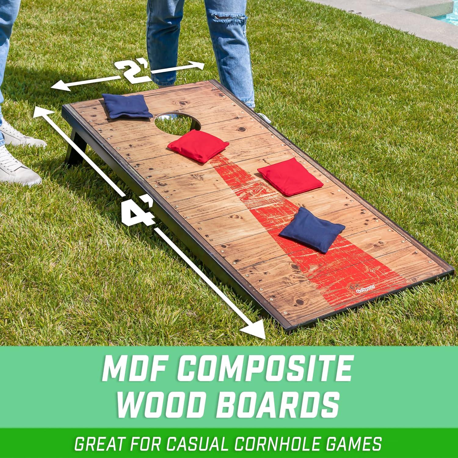 Rustic Wood Cornhole Set with Red and Blue Bean Bags