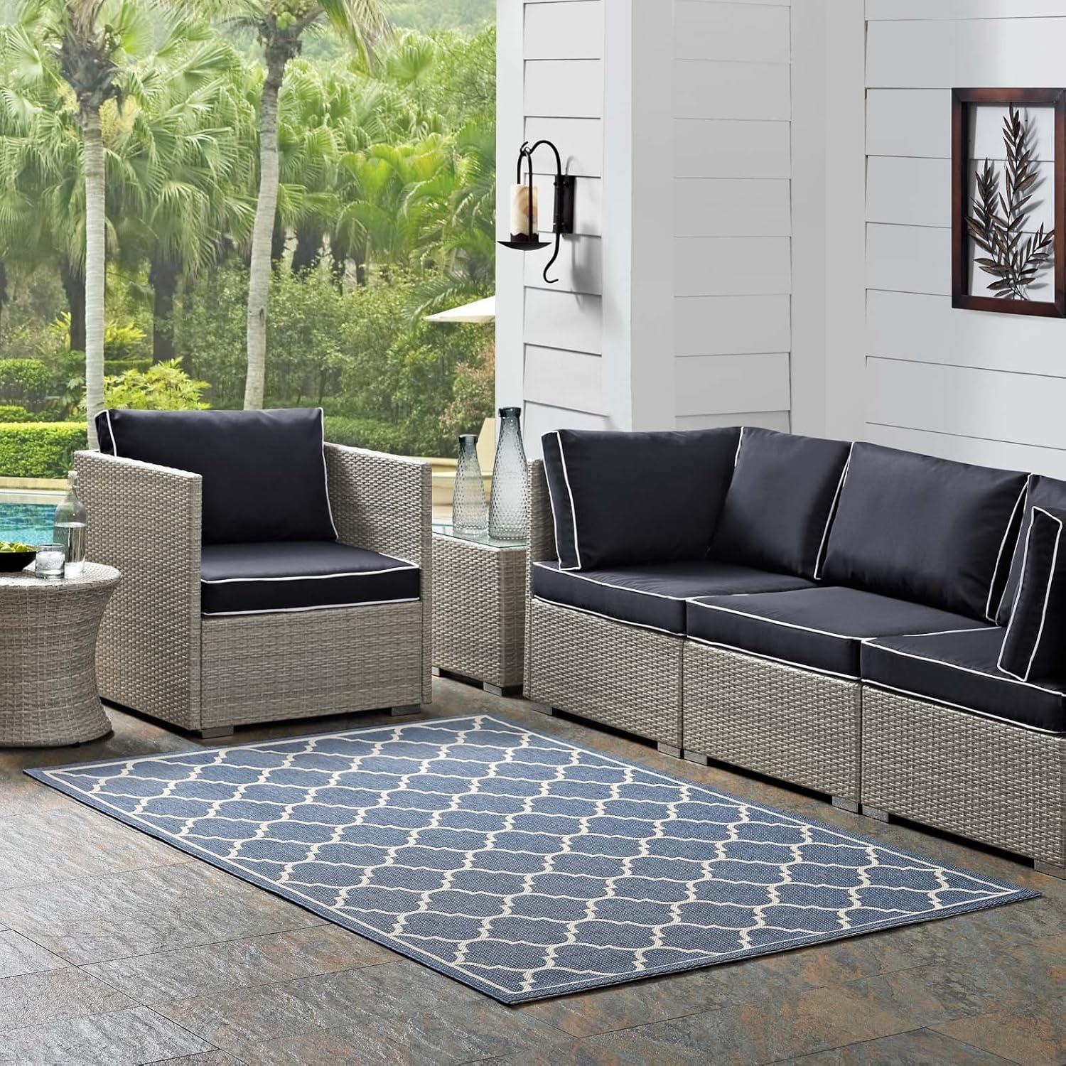 Modway Avena Moroccan Quatrefoil Trellis 8x10 Indoor and Outdoor Area Rug - Blue and Beige,  100% Soft Polypropylene ,  Tight Low Pile Weave