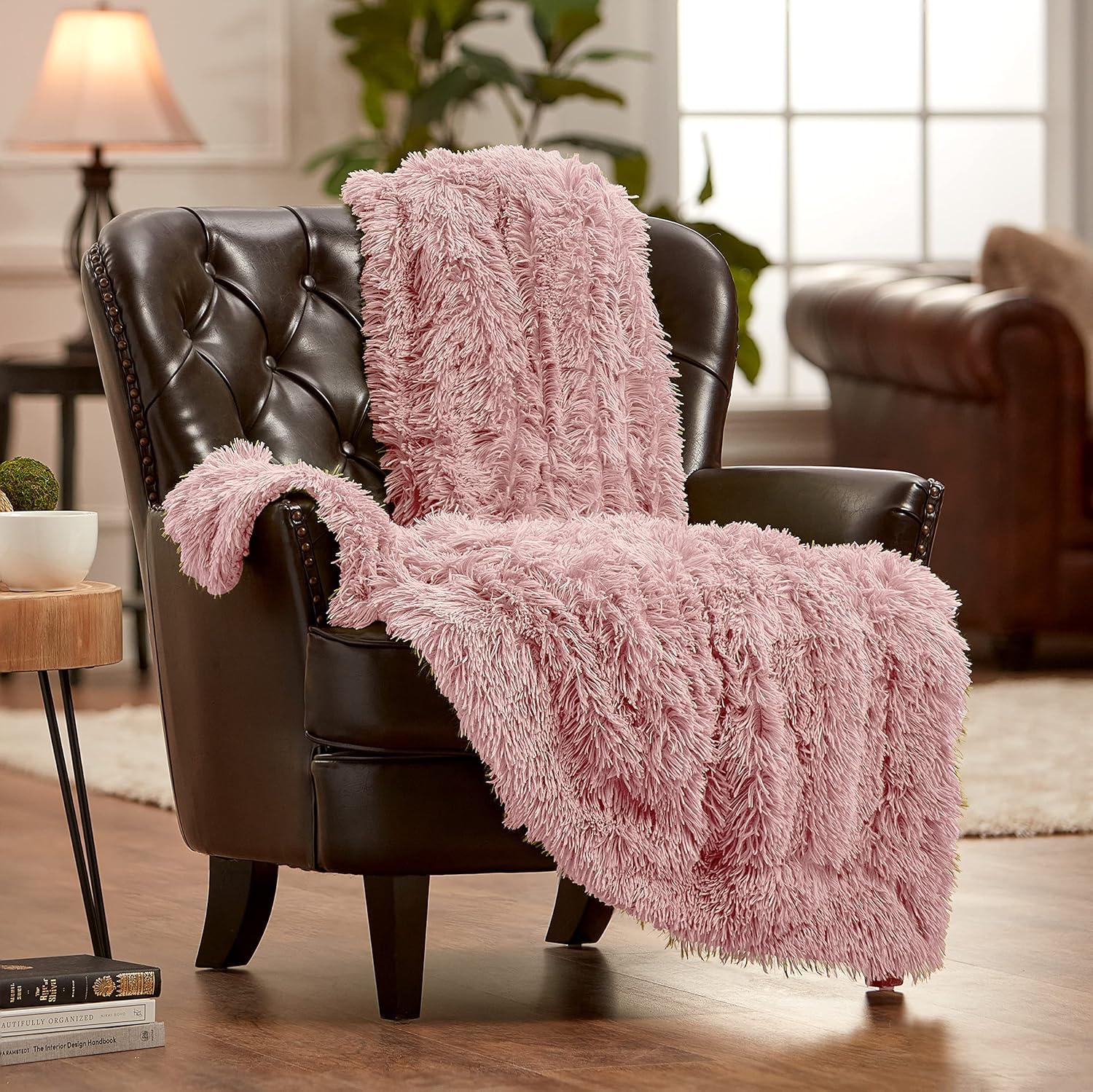 Chanasya Solid Faux Long Fur Fuzzy Throw Blanket - 60" x 70" - Rose Dust