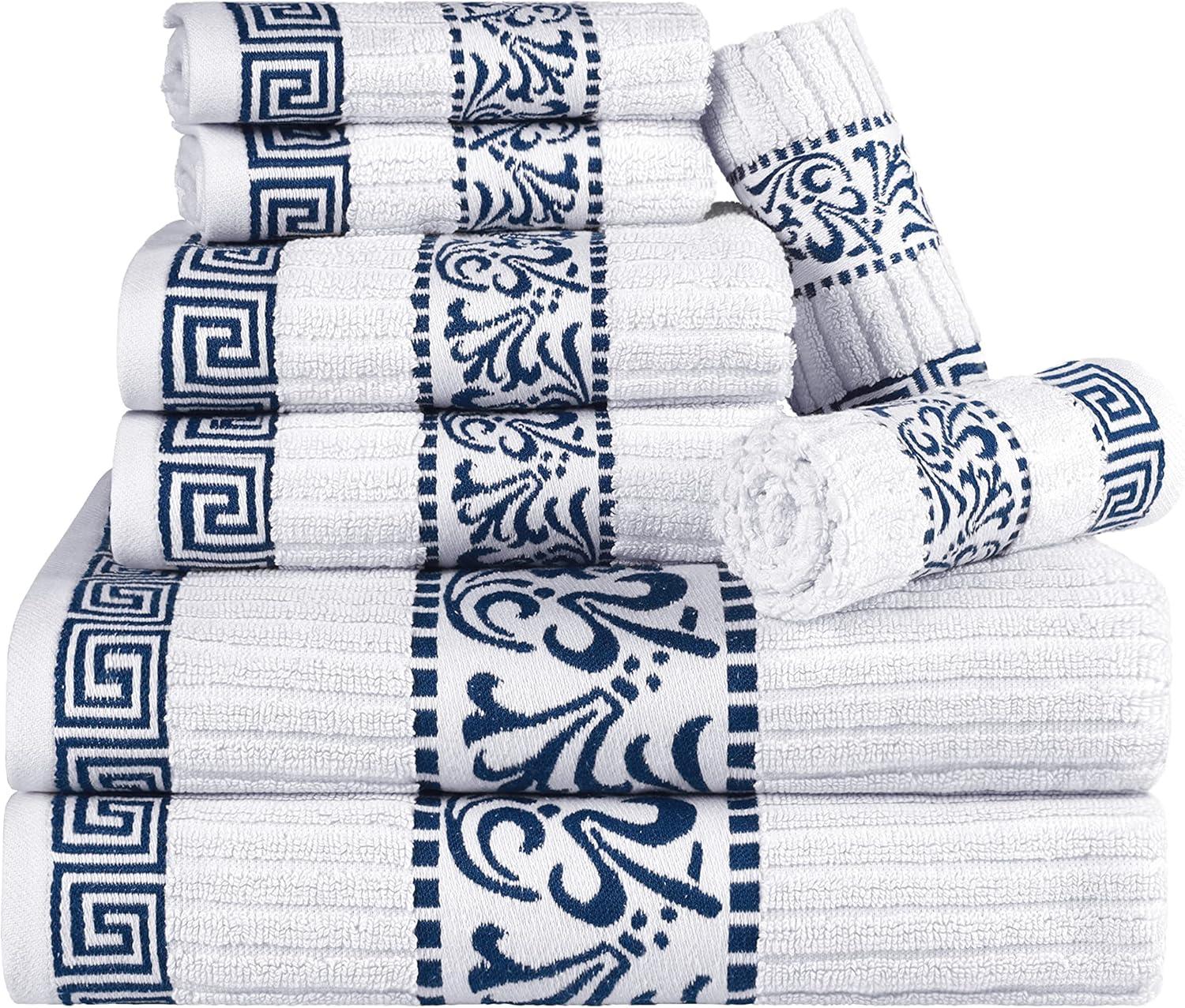 Superior Athens 8-Piece Cotton Greek Scroll Towel Set, Navy-Blue