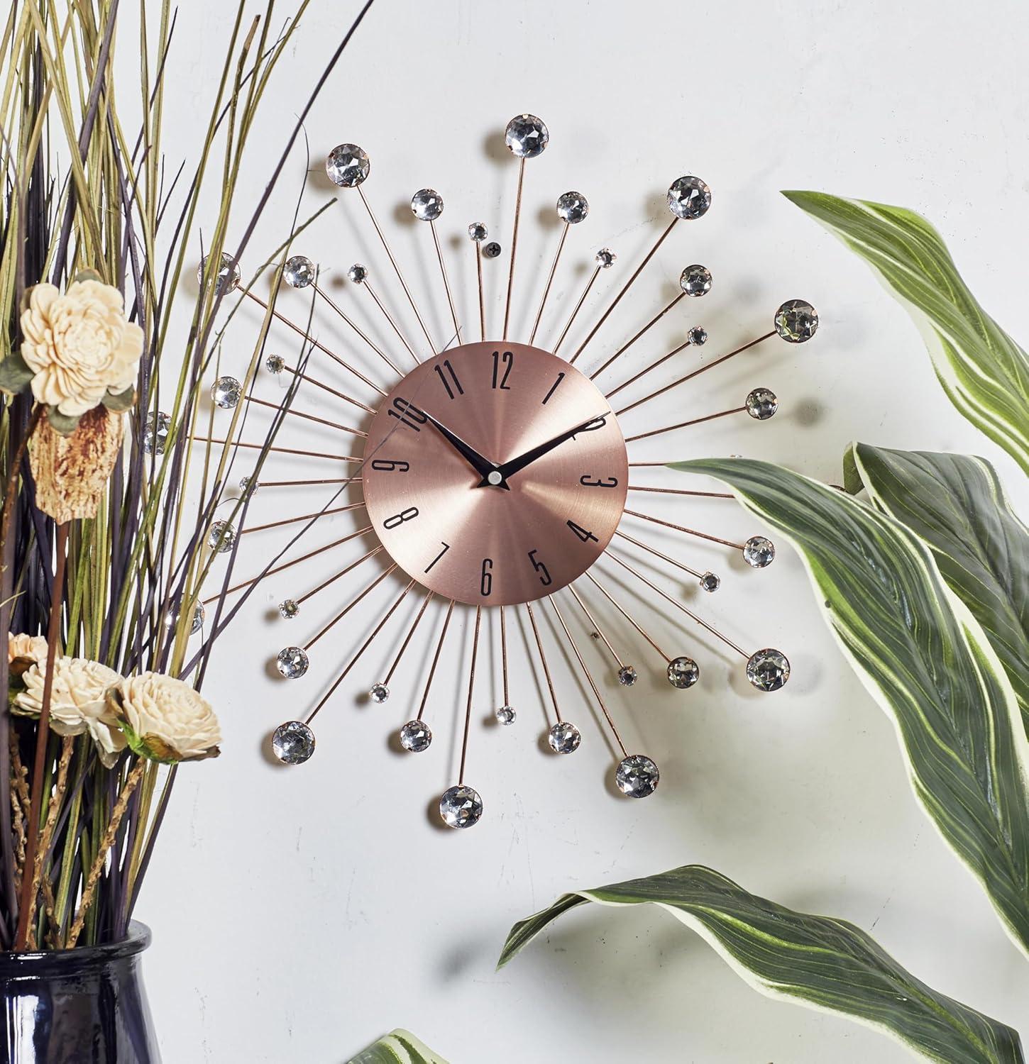 15"x15" Metal Starburst Wall Clock with Crystal Accents Copper - Olivia & May