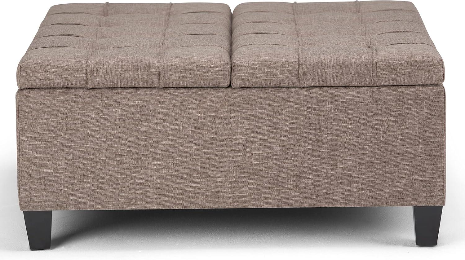 Simpli Home Harrison 36 inch Wide Transitional Square Coffee Table Storage Ottoman in Fawn Brown Linen Look Fabric