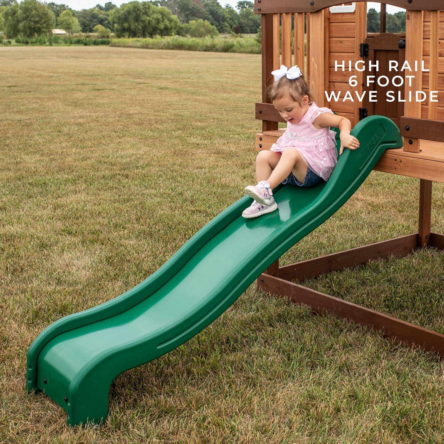 Backyard Discovery Echo Heights Cedar Wooden Elevated Kids Playhouse with Wave Slide, Play Kitchen, and Deck & Reviews | Wayfair