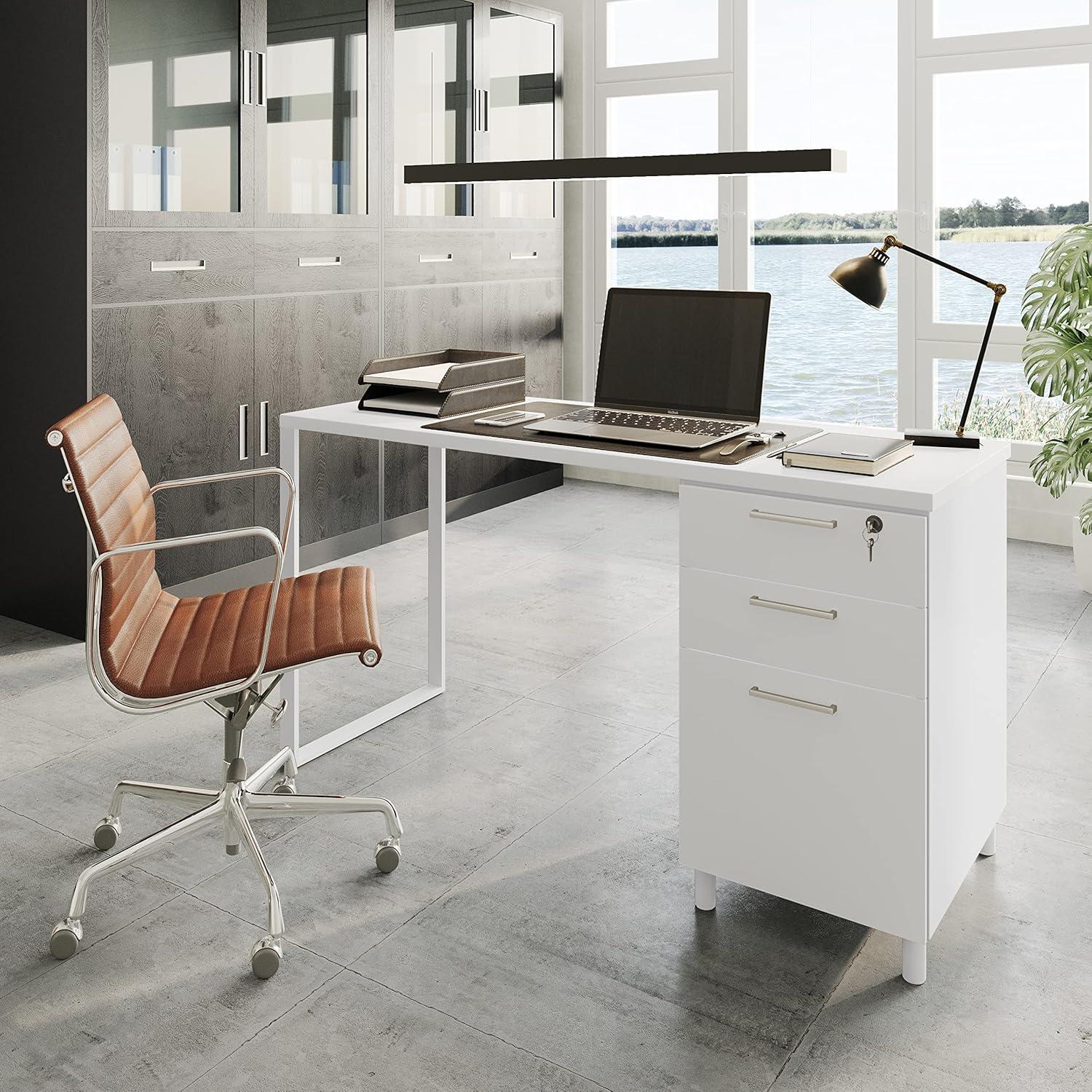 Modern Designs by Crafts and Comfort Milano Modern Home & Office Computer Desk - 47 Inch with 3 Locking Drawers - Wooden Study Writing Desk with Storage Space - White