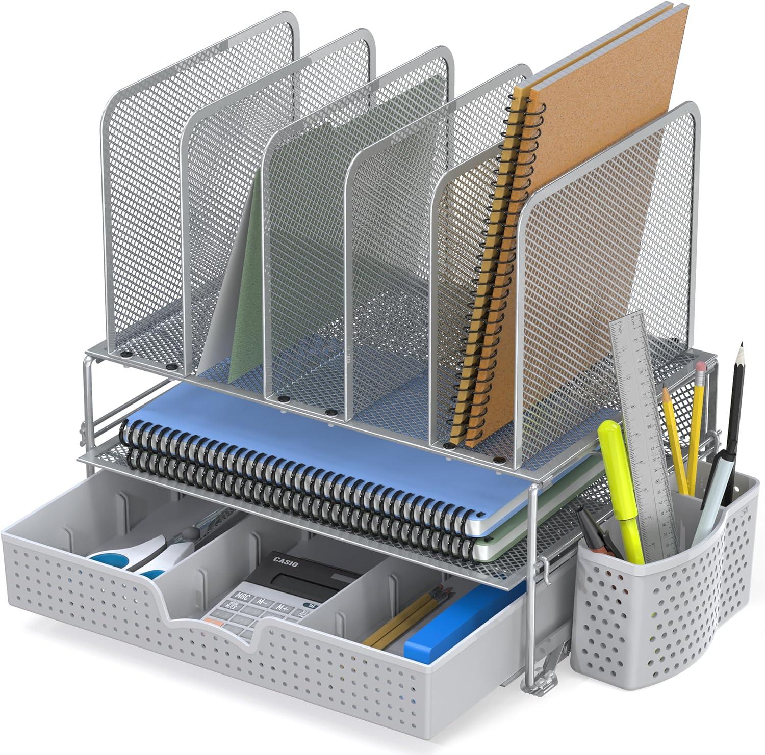 SimpleHouseware Mesh Desk Organizer with Sliding Drawer, Double Tray and 5 Upright Sections, Silver