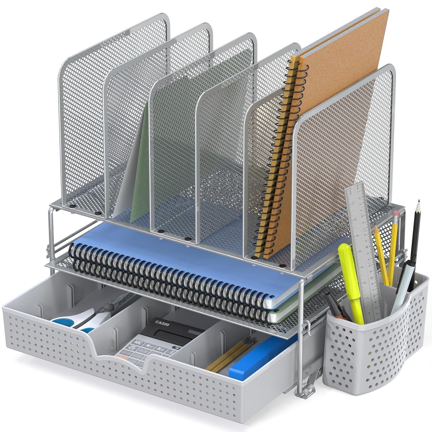 Simple Houseware Mesh Desk Organizer with Sliding Drawer, Double Tray and 5 Upright Sections, Silver