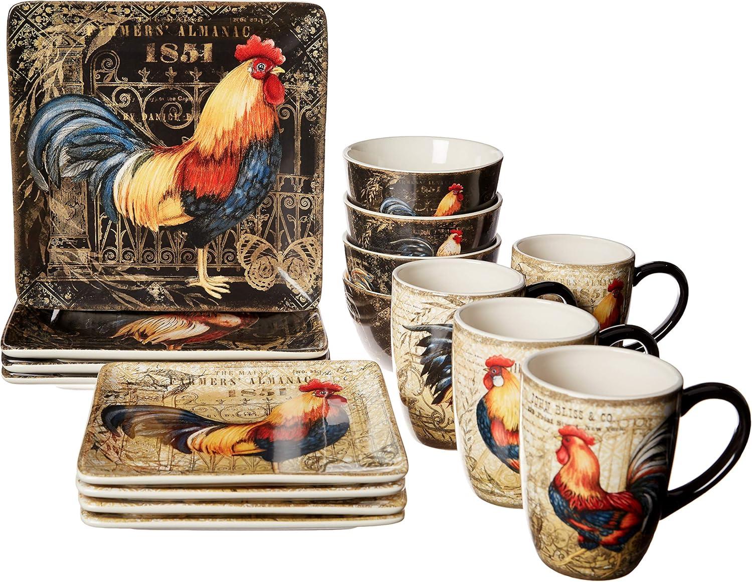 Gilded Rooster Multicolor Ceramic 16-Piece Dinnerware Set