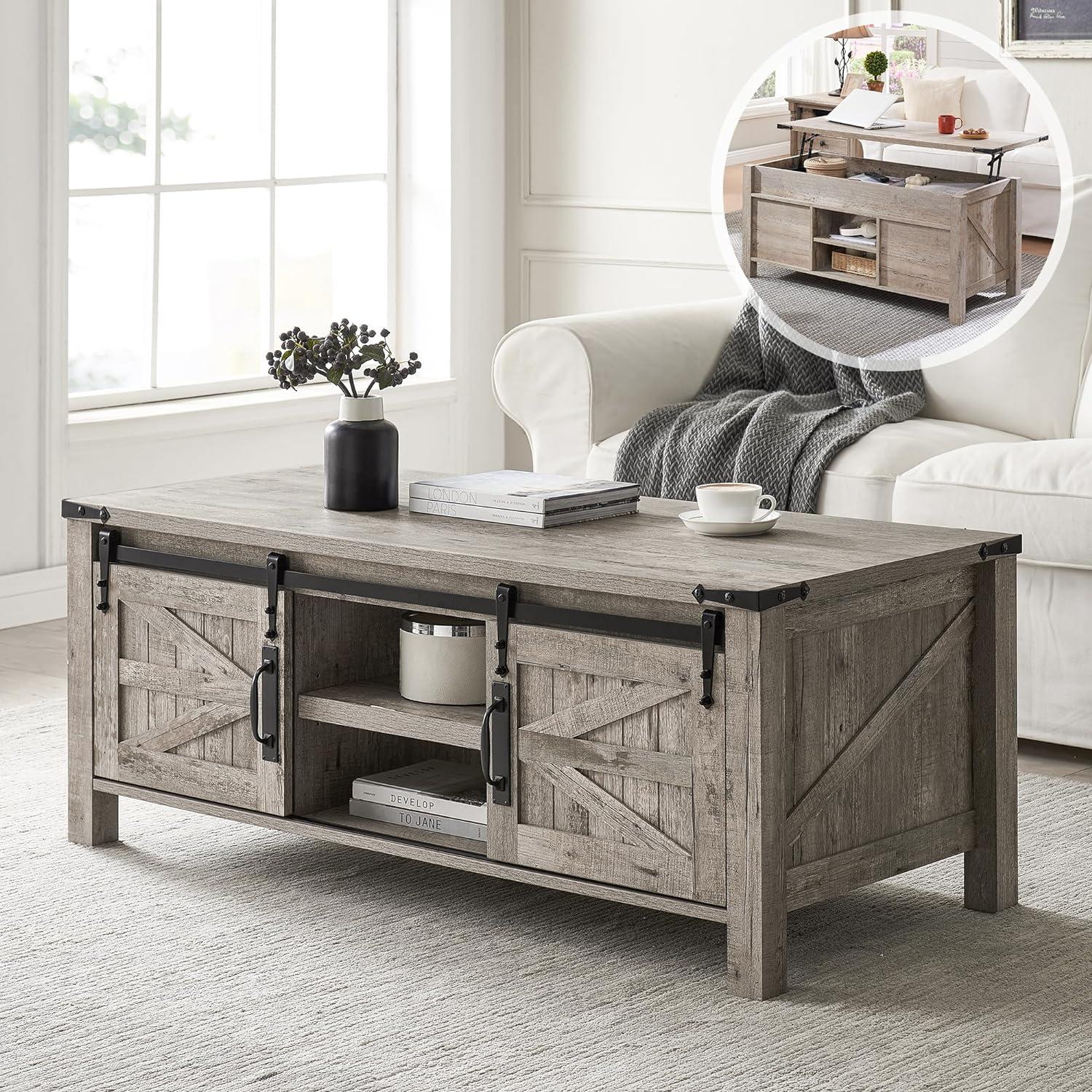 OKD Farmhouse Sturdy Coffee Table with Sliding Barn Doors and Storage Shelves for Living Room, Den, Family Room, or Office, Light Rustic Oak Finish