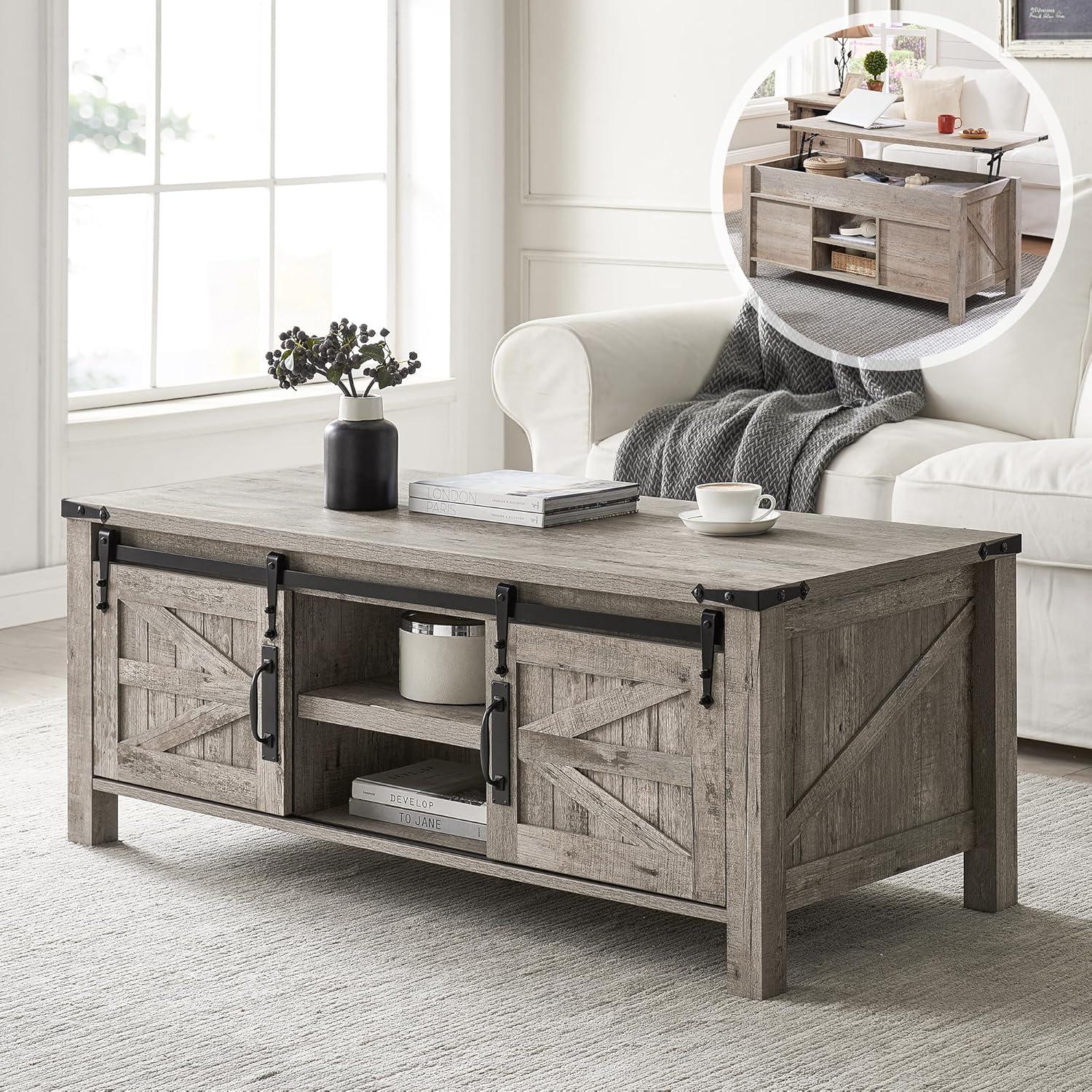 OKD Farmhouse Sturdy Coffee Table with Sliding Barn Doors and Storage Shelves for Living Room, Den, Family Room, or Office, Light Rustic Oak Finish
