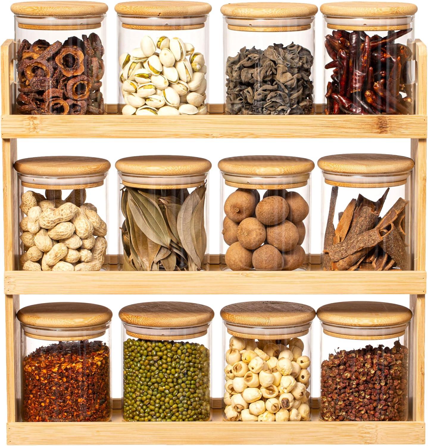 Basicwise 3-Tier Bamboo Spice Rack & Pantry Organizer with 12 Glass Jars.Perfect for Storage in Kitchens to Keep Seasoning Containers Neatly Displayed