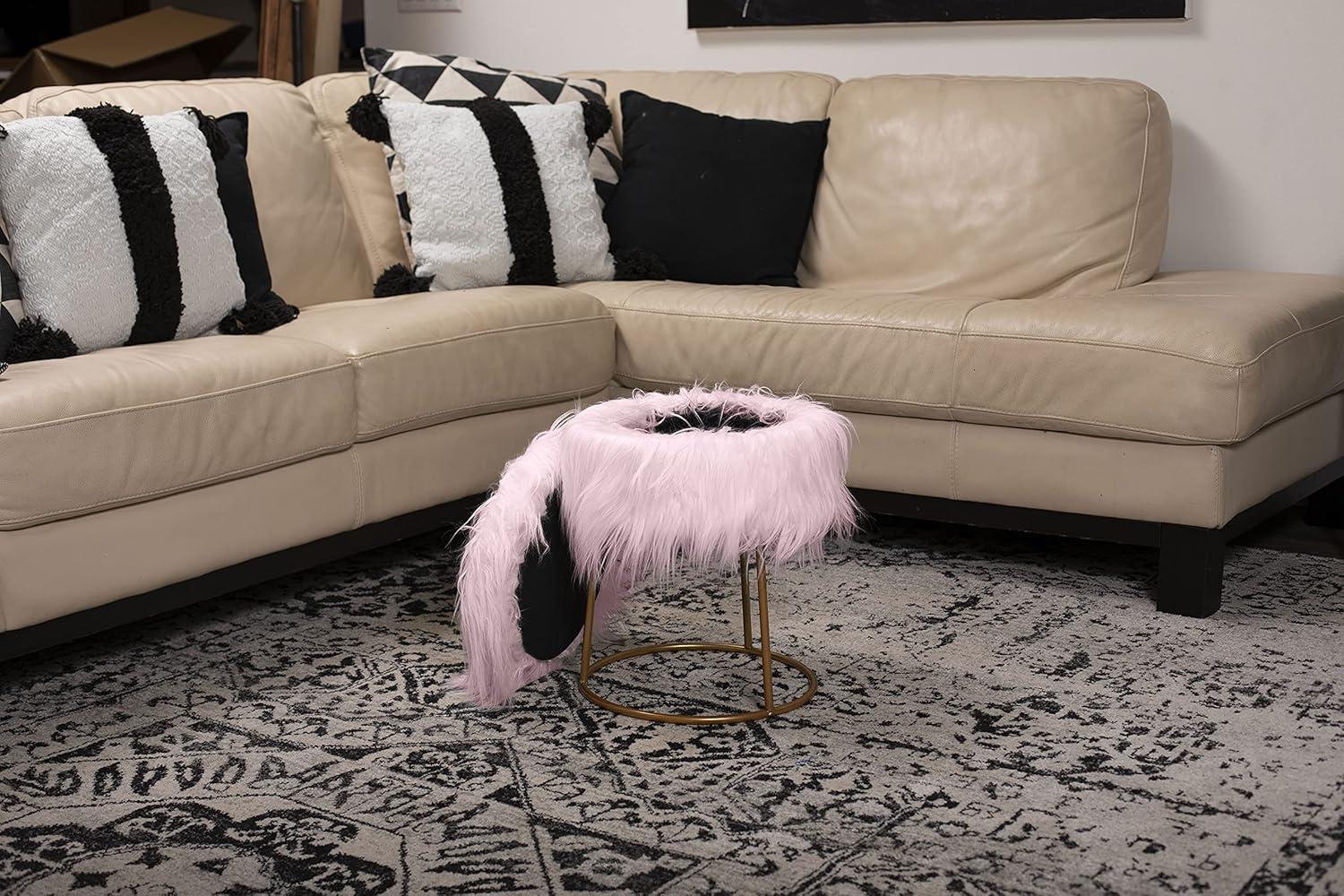 BirdRock Home Round Pink Faux Fur Foot Stool Storage Ottoman with Pale Gold Legs