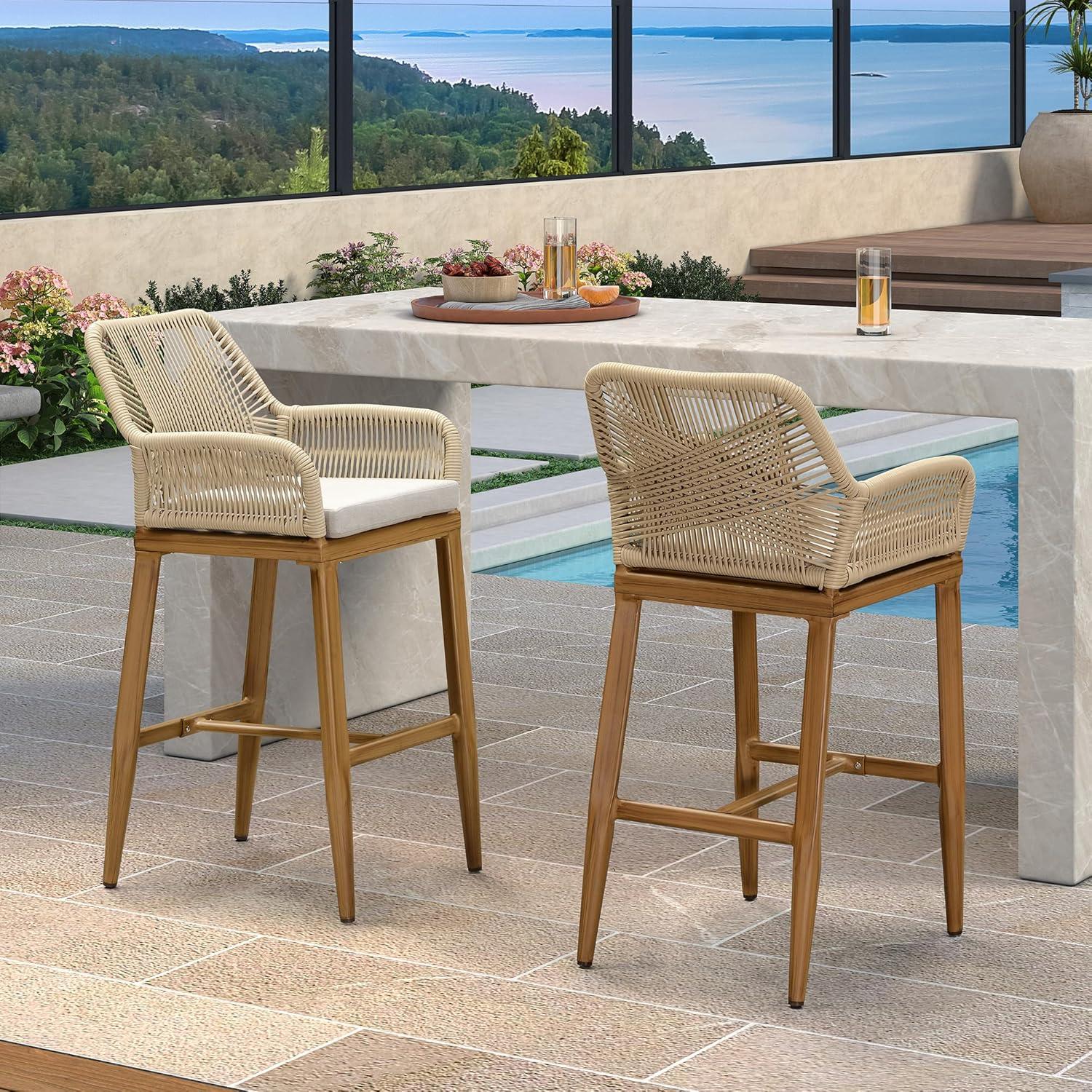 PURPLE LEAF Outdoor 24" Counter Height Bar Stools Chair Set of 2, All Weather Rattan and Aluminum Patio Bar Stool with Cushion for Indoor and Outdoor, Kitchen Island, Teak