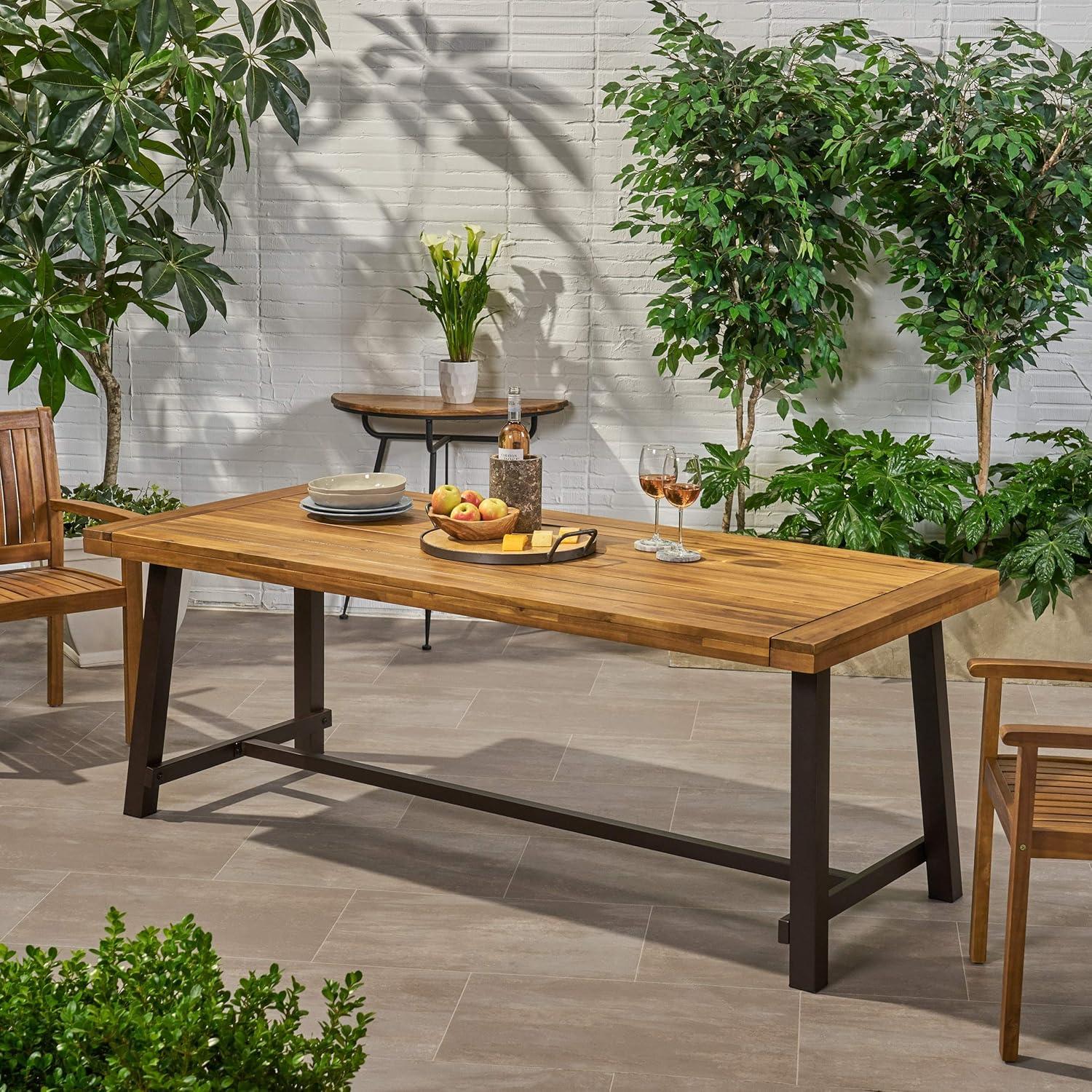 Teak & Rustic Metal Rectangular Outdoor Dining Table for Eight