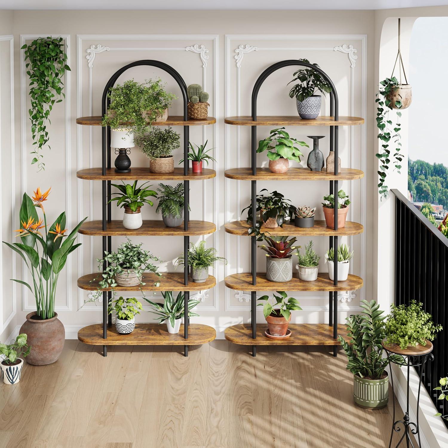 Black and Retro Five-Tier Arched Metal and Wood Bookshelf