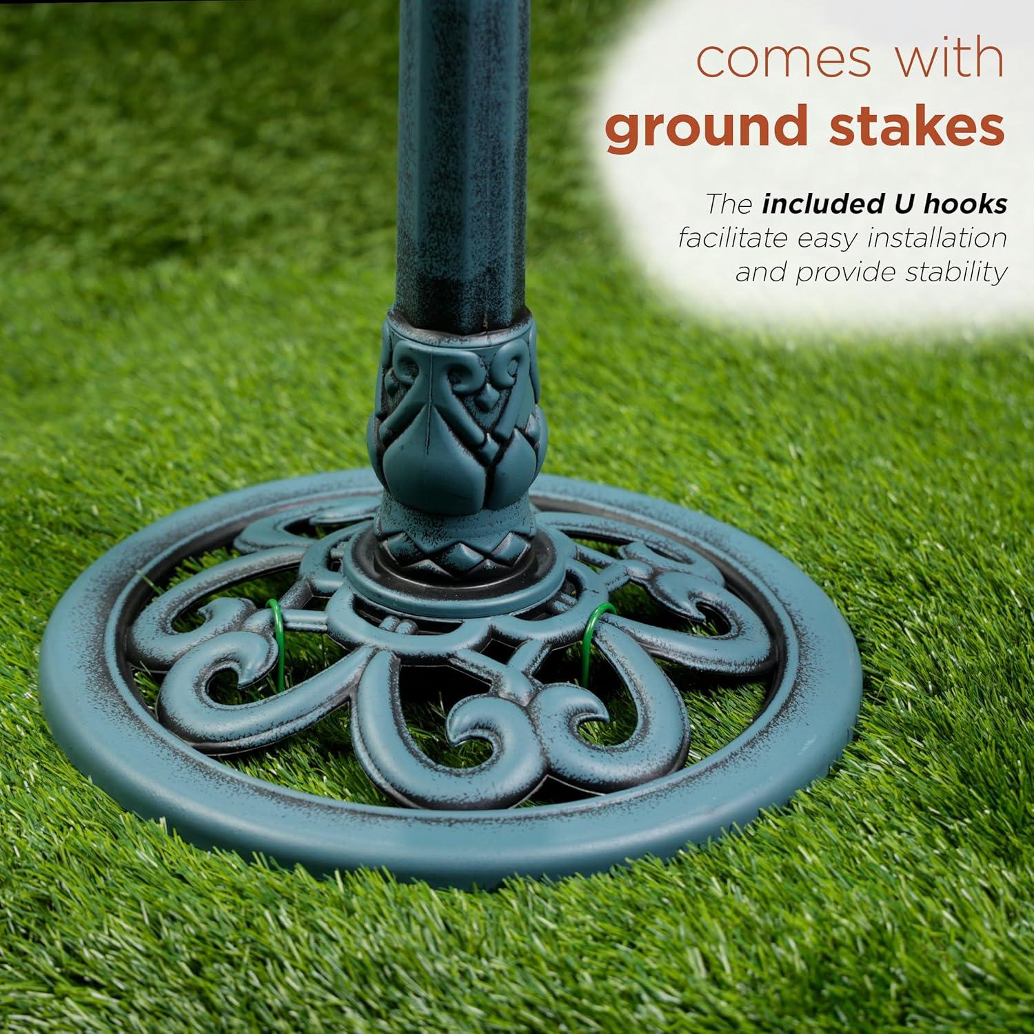 Blue Pedestal Birdbath with Scrollwork Base and Stakes