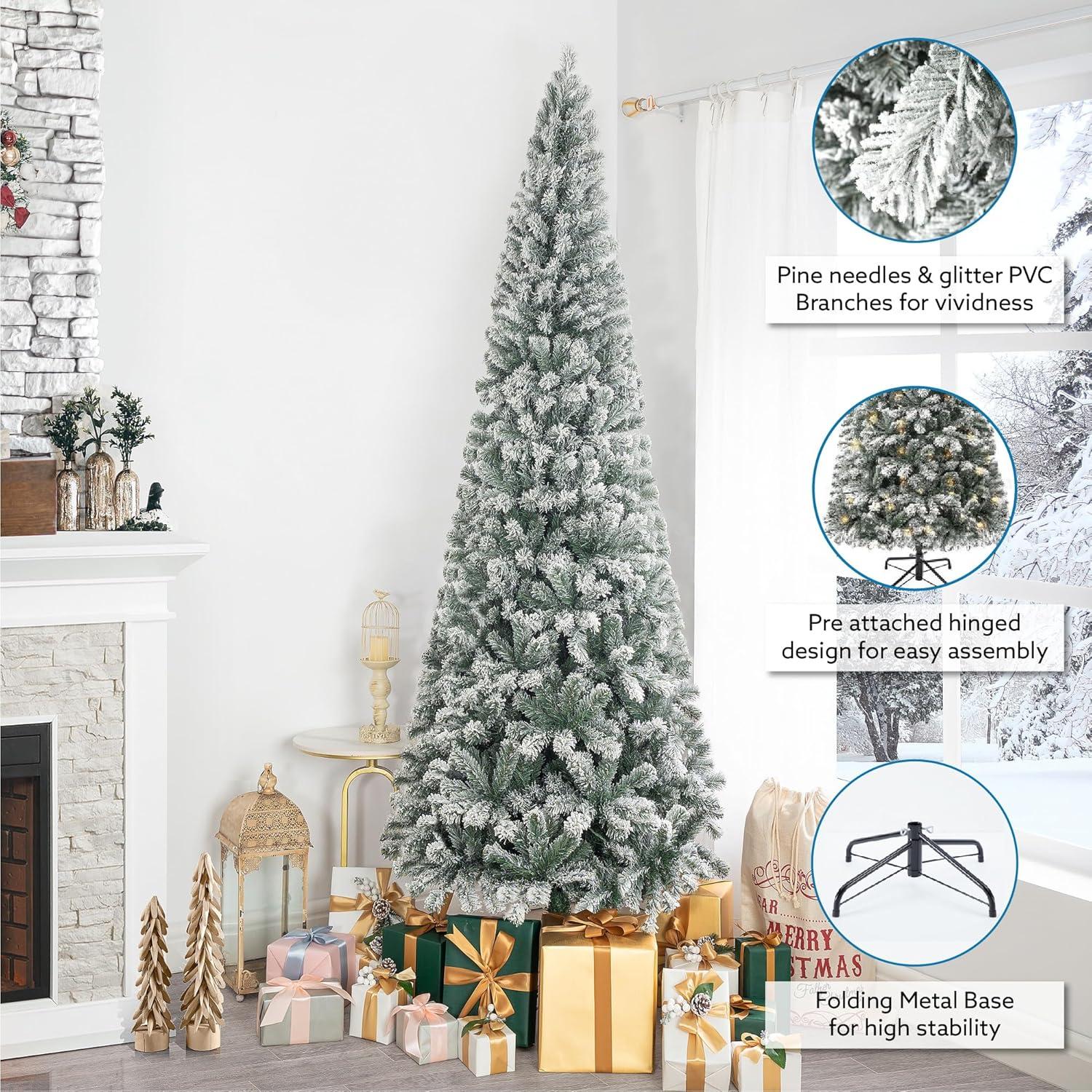 Salzburg 7.5ft Frosted Prelit Slim Artificial Christmas Tree with 1102 Branch Tips, 350 Warm Lights and Metal Stand, 34" wide Realistic Snow Flocked Skinny Pencil Christmas Tree by Naomi Home