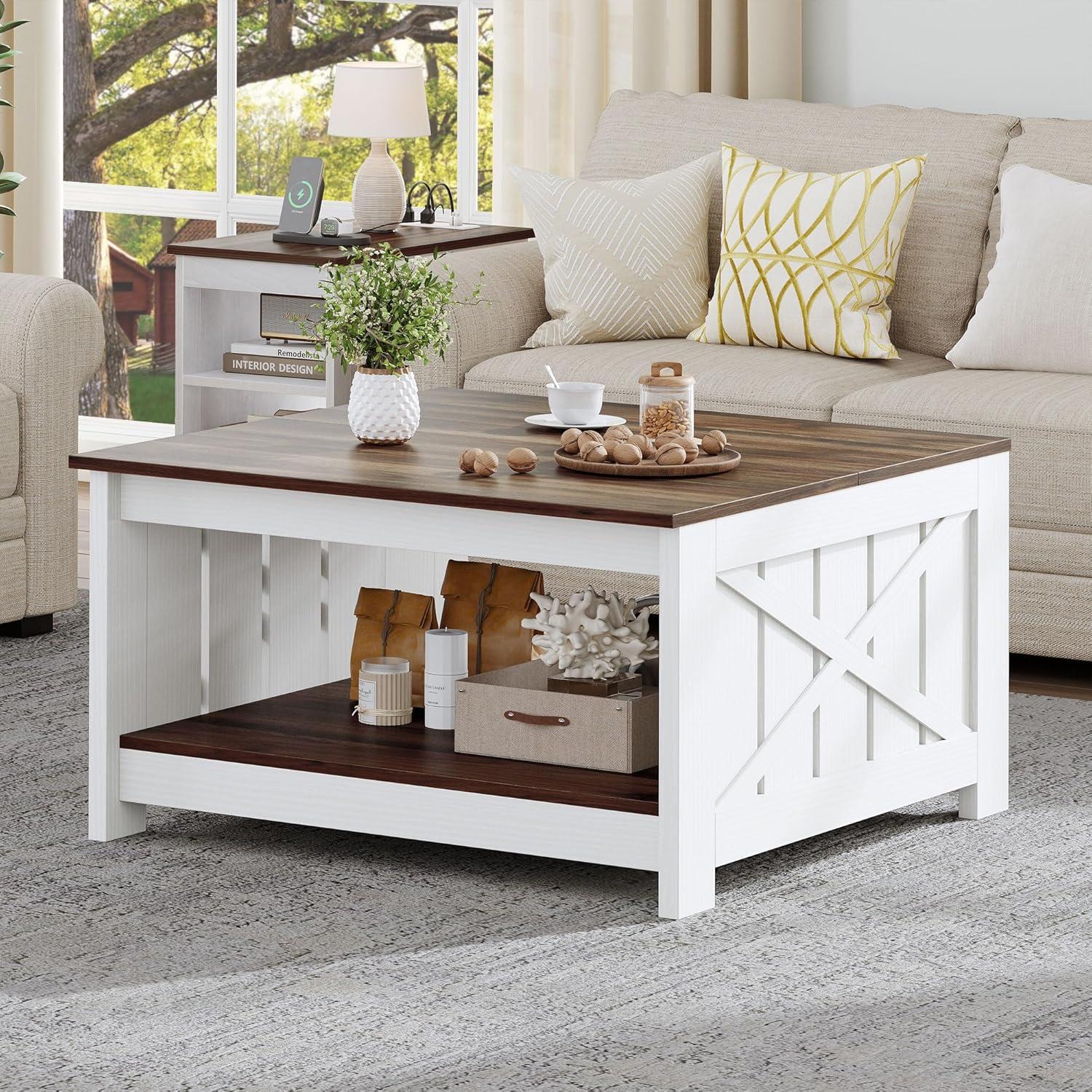 YITAHOME Coffee Table Farmhouse Coffee Table with Storage Rustic Wood Cocktail Table, Square Coffee Tables for Living Meeting Room with Half Open Storage Compartment, Brown with White