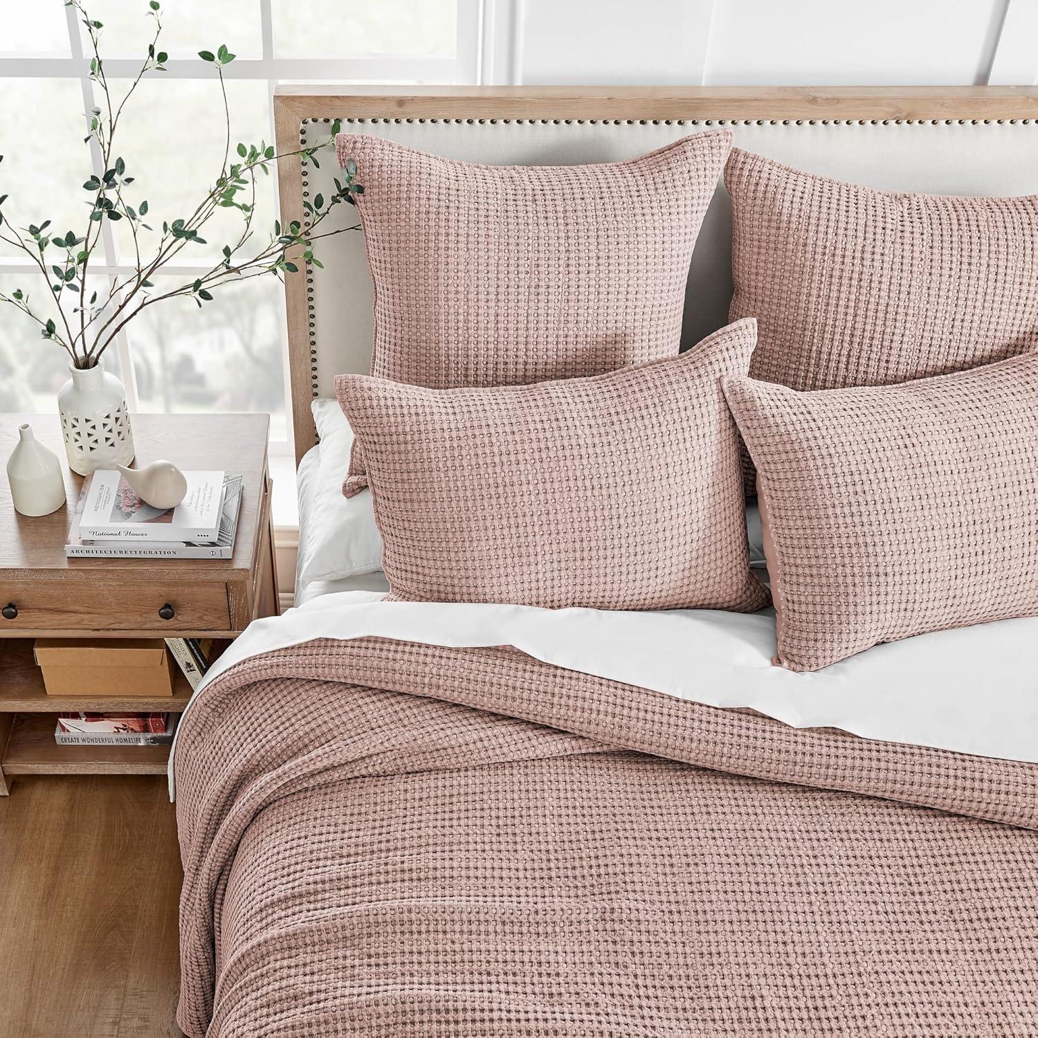 Luxurious Blush Cotton Waffle King Bedspread and Sham Set