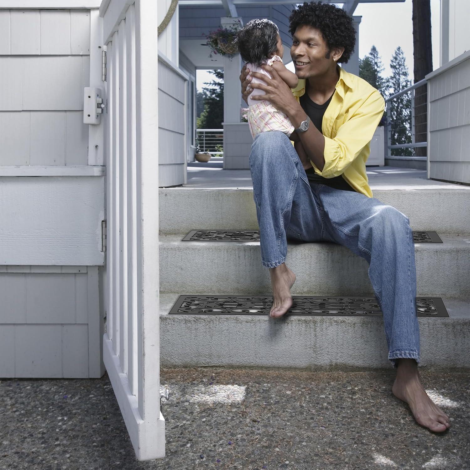 Set of 2 Non-Slip Stair Treads for Wooden Steps - Heavy Duty Decorative Runner with Traction Control Grip - Outdoor Rubber Mats by Pure Garden (Black)