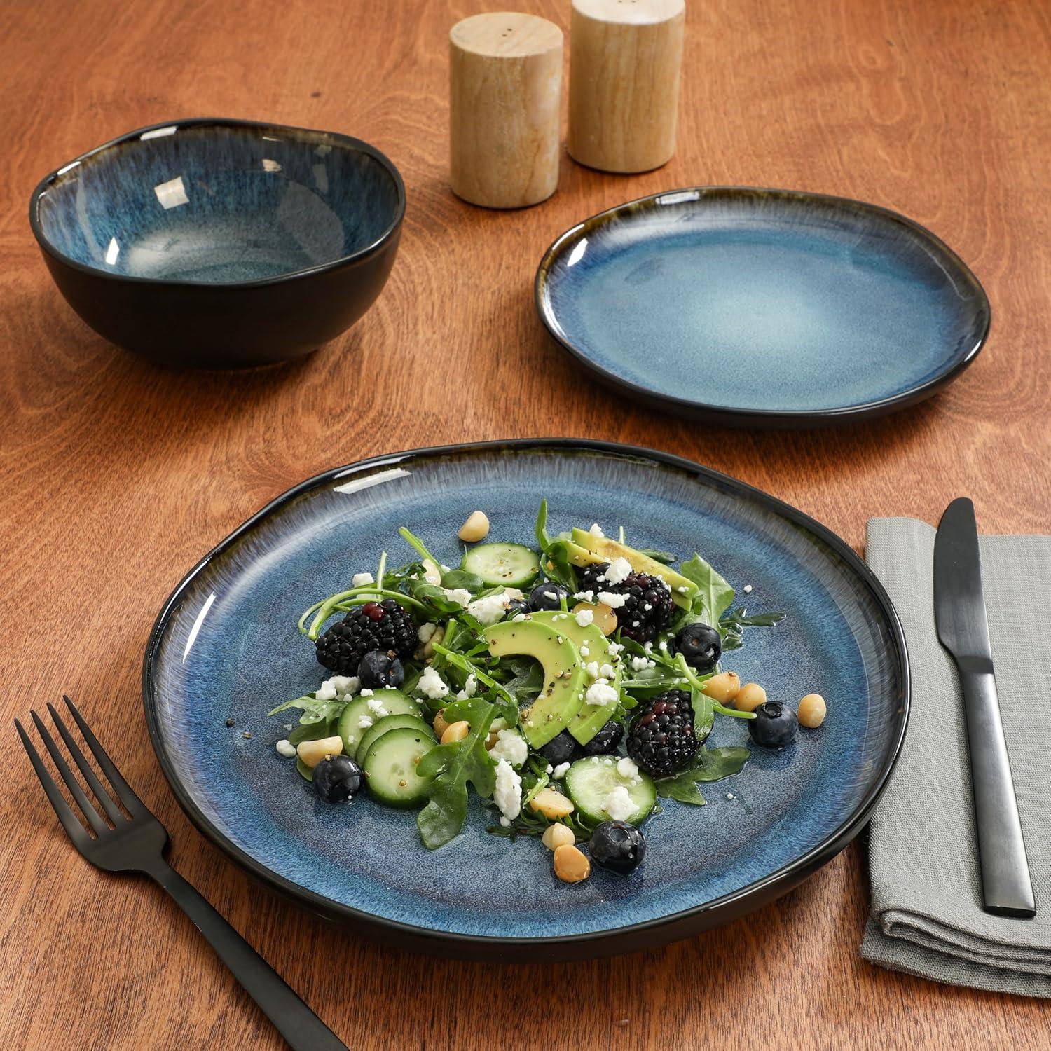 Blue and Black Ceramic 12-Piece Dinnerware Set, Service for 4