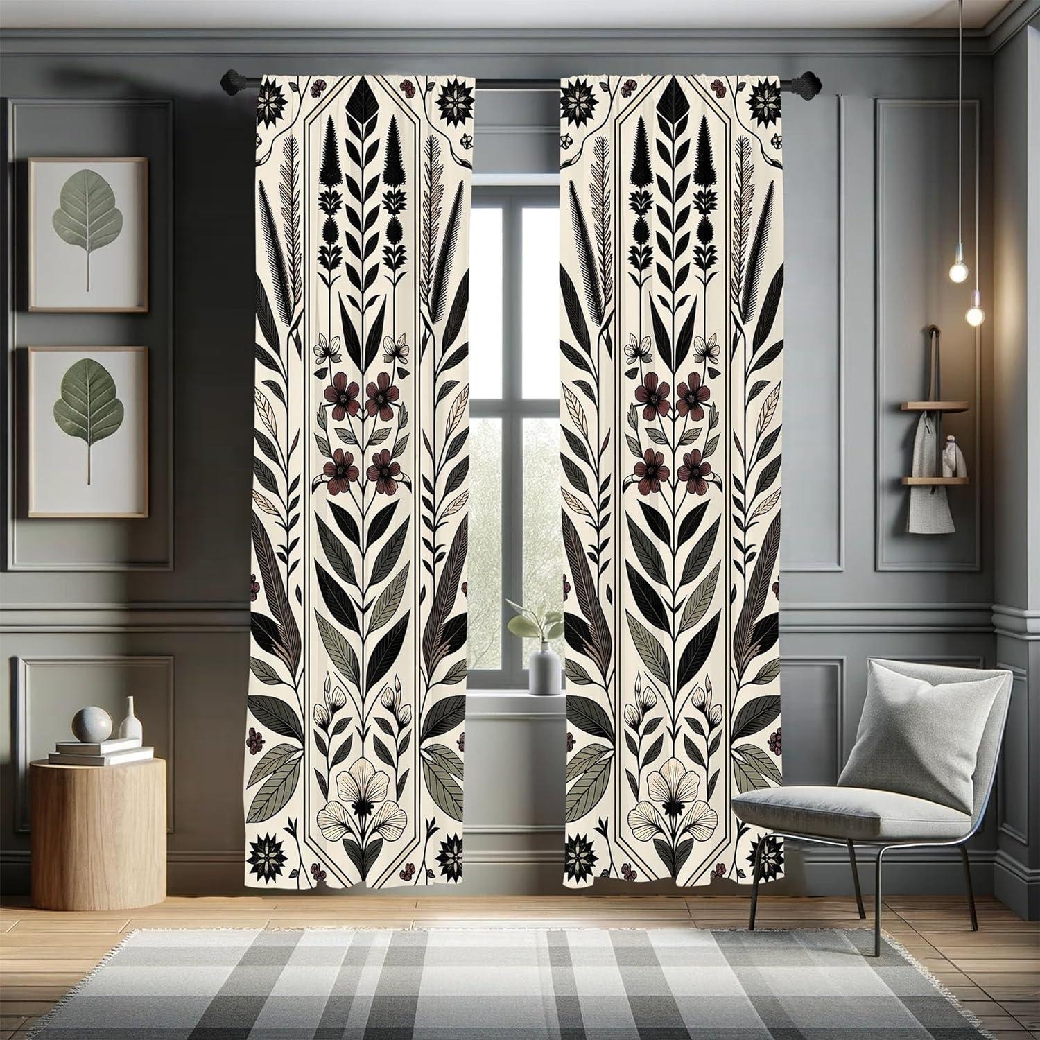 Eggshell Gray and Black Floral Microfiber Rod Pocket Curtains