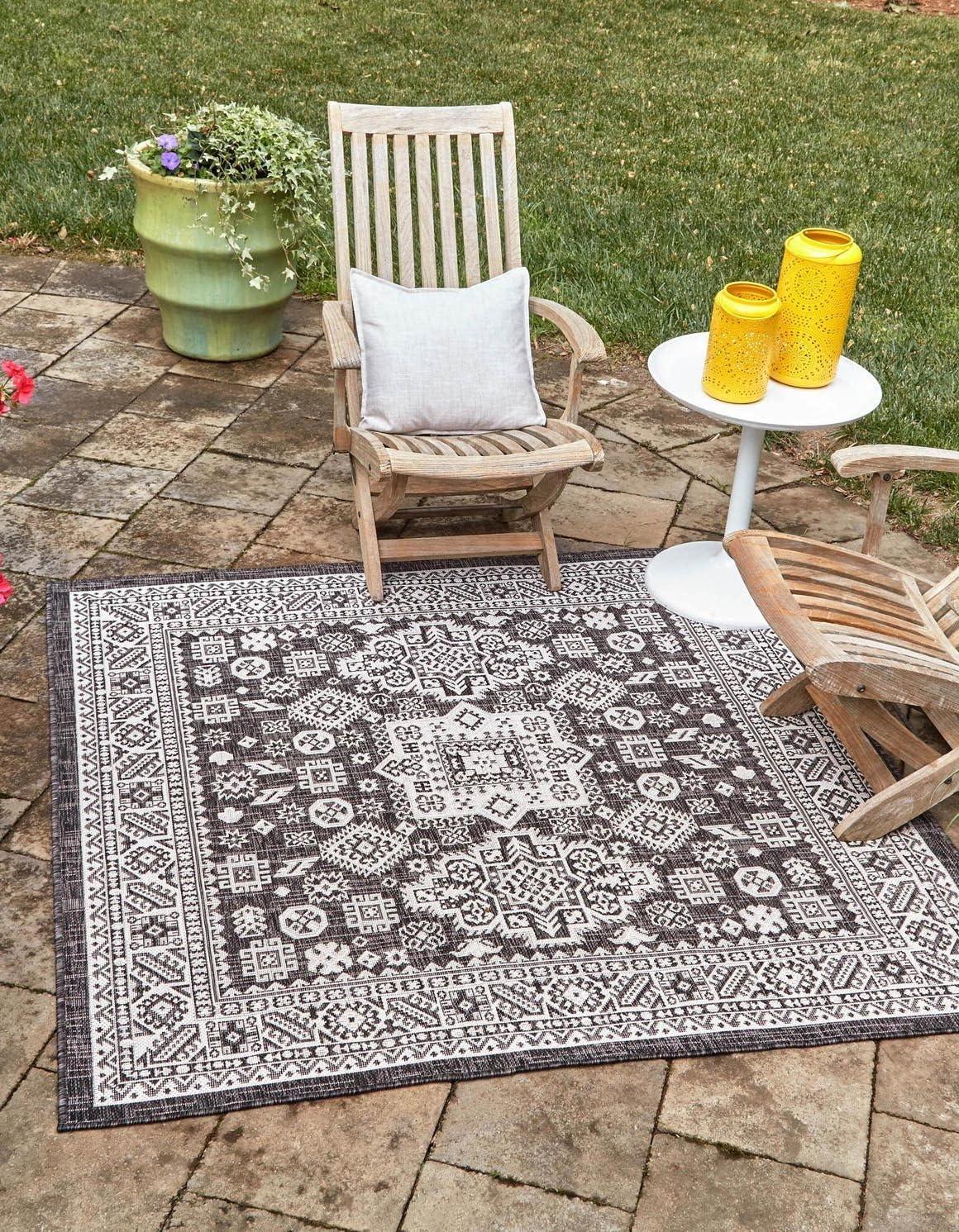 Charcoal Gray and Ivory 8 ft Square Outdoor Aztec Rug