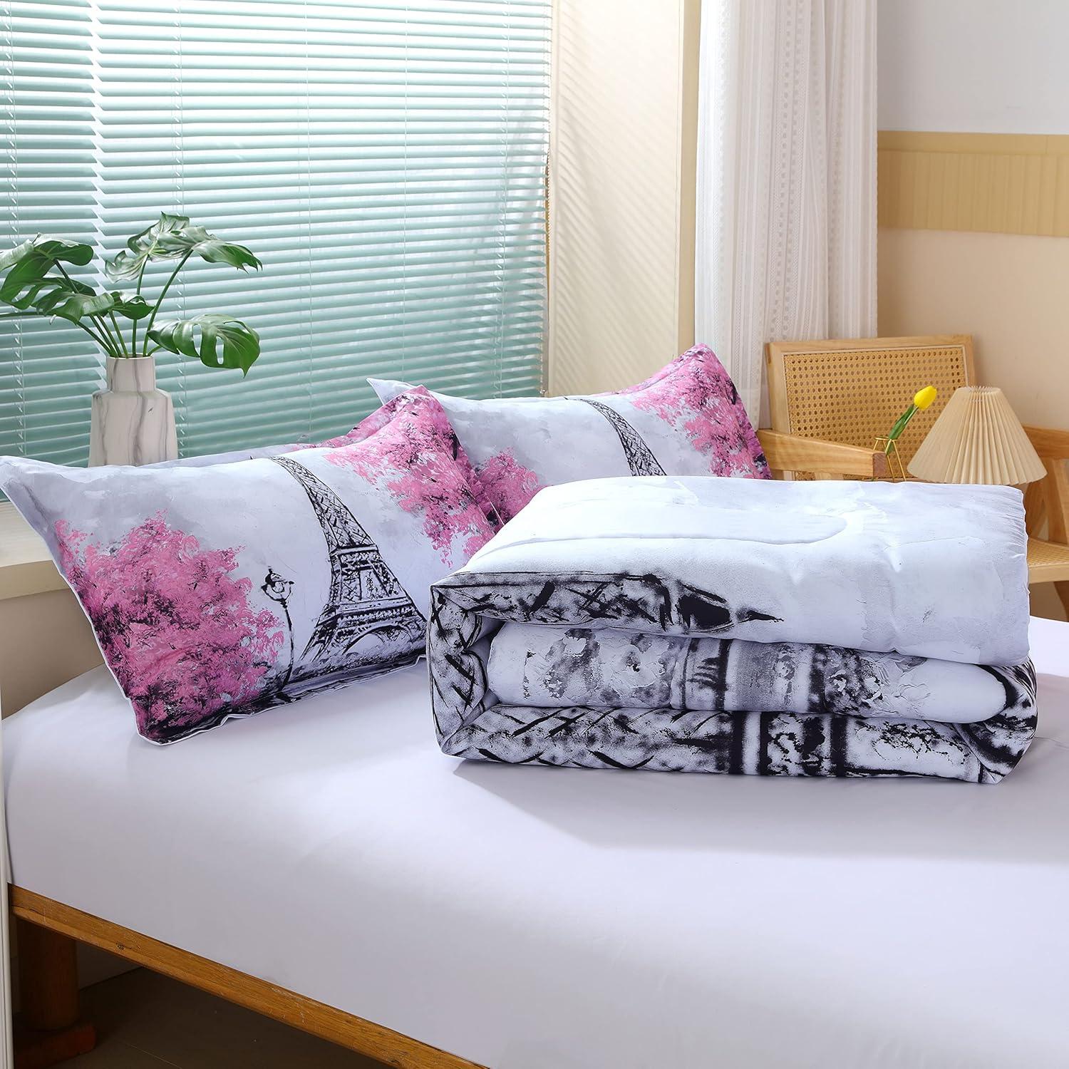 Suncloris Paris Style Comforter Set for Girls Teens, Queen Size France Eiffel Tower Bedroom Themed Bedding Comforter with 2 Romantic French Pink Flowers Patterned Pillowcases-90 x90(Queen, Grey)