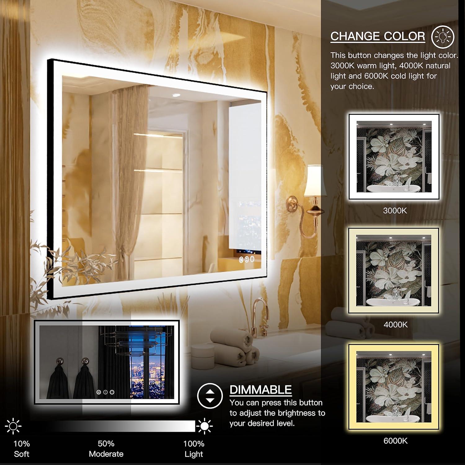 LED Bathroom Mirror 48x40 with Backlit and Front Lighted, Framed Dimmable Illuminated Mirror for Wall Anti-Fog Shatterproof (Horizontal/Vertical)…