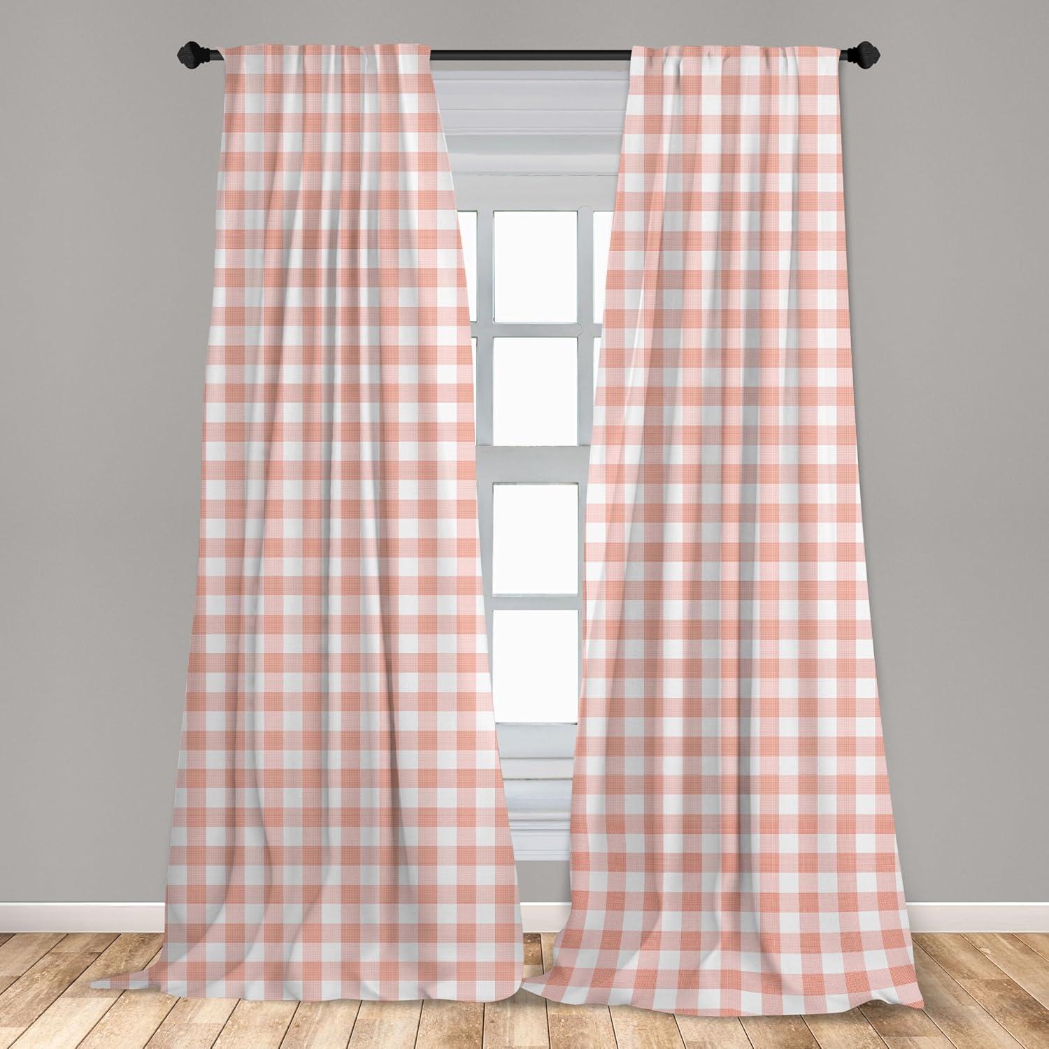 Ambesonne Checkered Curtains, Countryside Picnic, Pair of 28"x63", Pale Peach and White