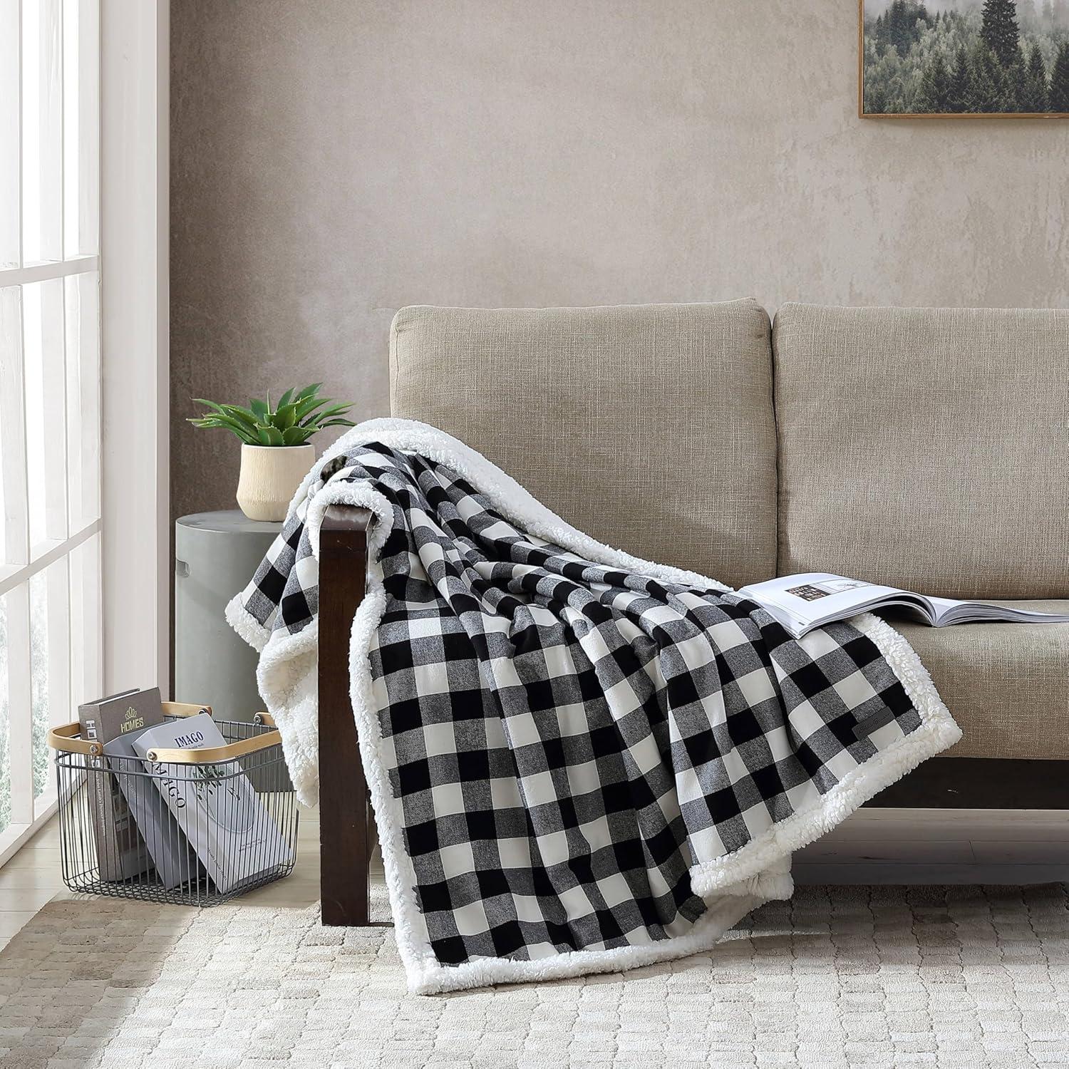 50"x60" Cabin Plaid Reversible Throw Blanket Black/White - Eddie Bauer: Soft, Lightweight, Ideal for Travel