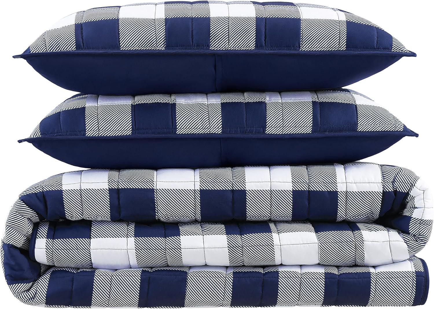 2pc Twin/Twin Extra Long Alex Buffalo Check Plaid Printed Quilt Set Navy/White - Serta: All Ages Comfort, Machine Washable